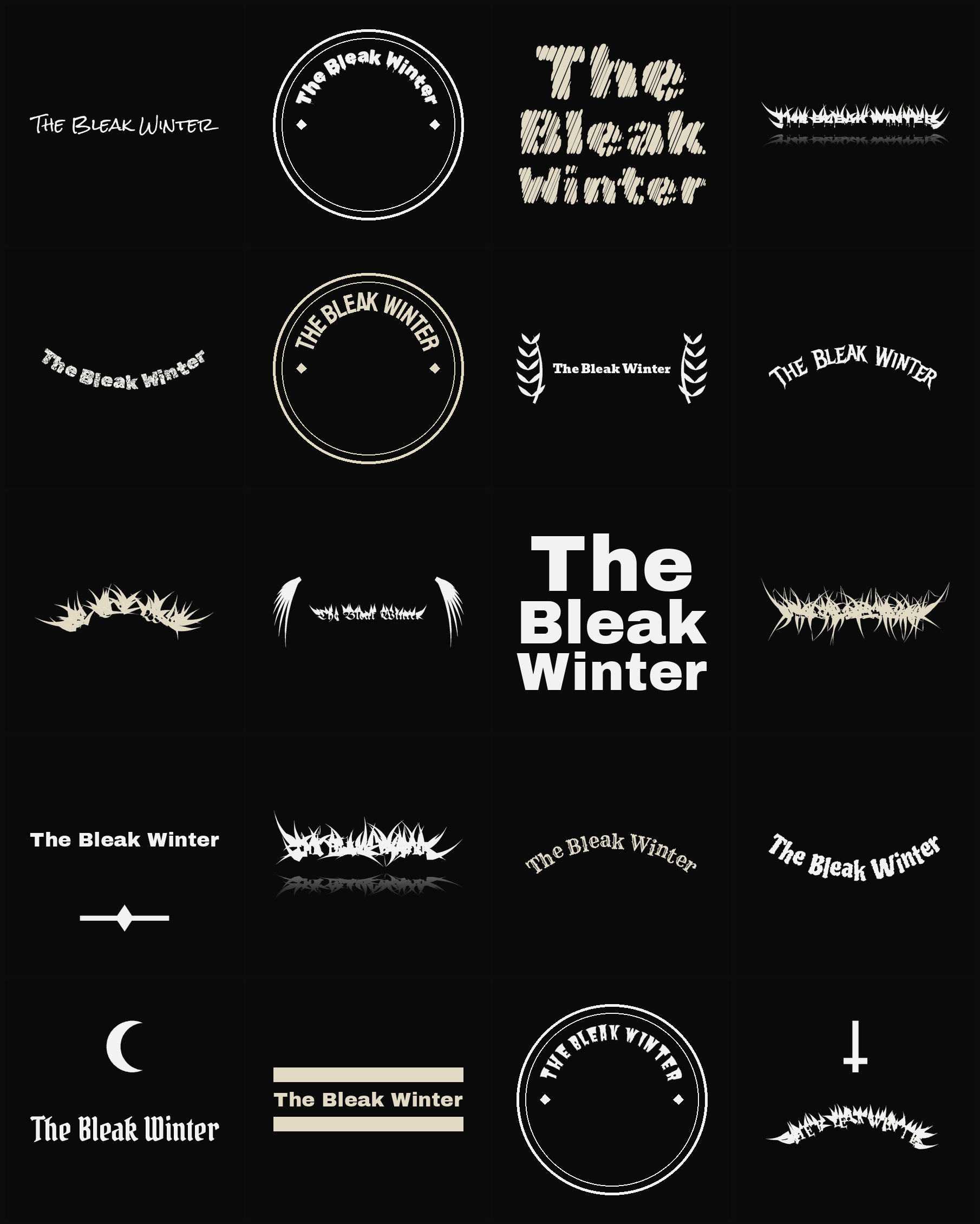 Twenty The Bleak Winter band logo ideas — different faces, treatments and spike settings