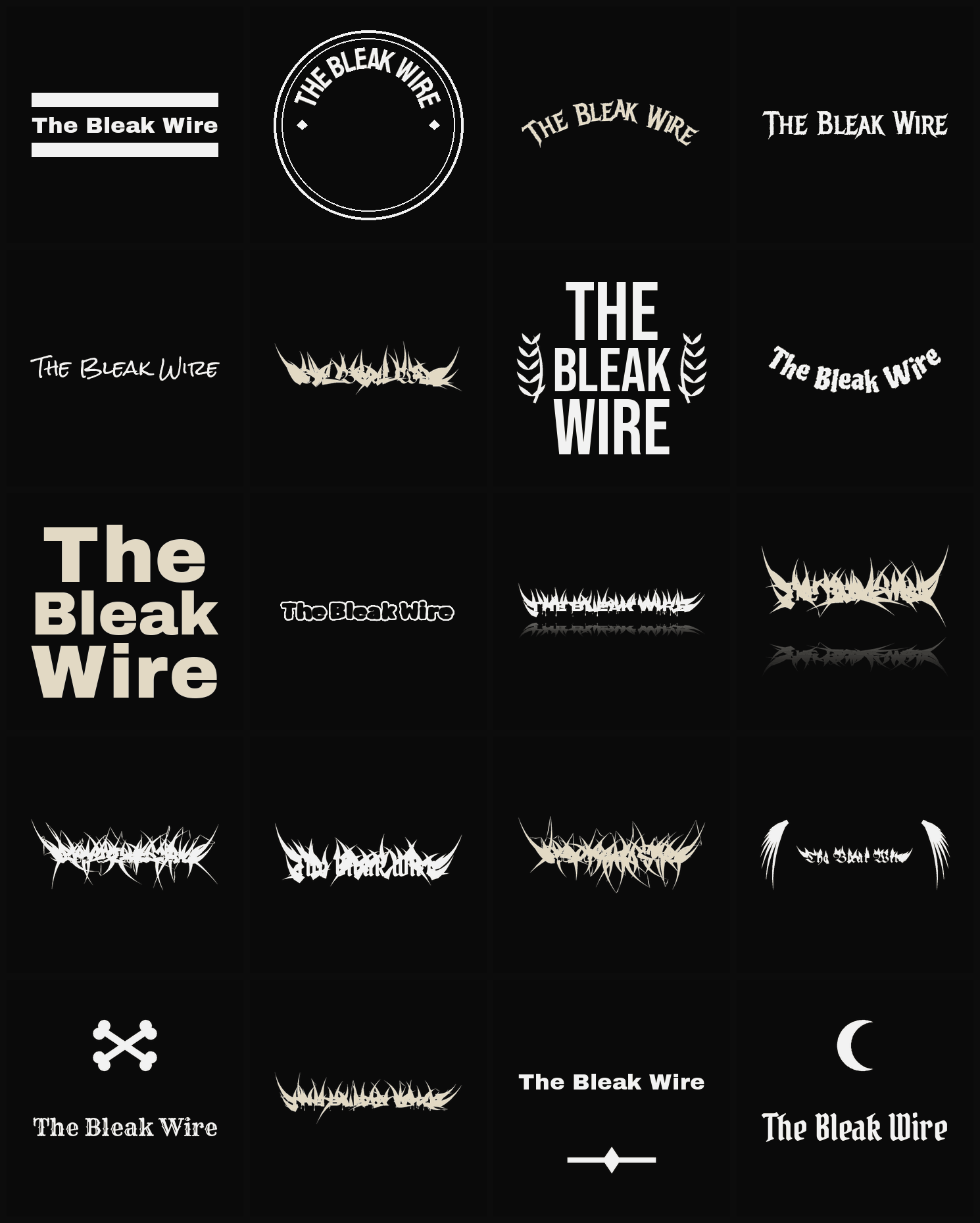 Twenty The Bleak Wire band logo ideas — different faces, treatments and spike settings