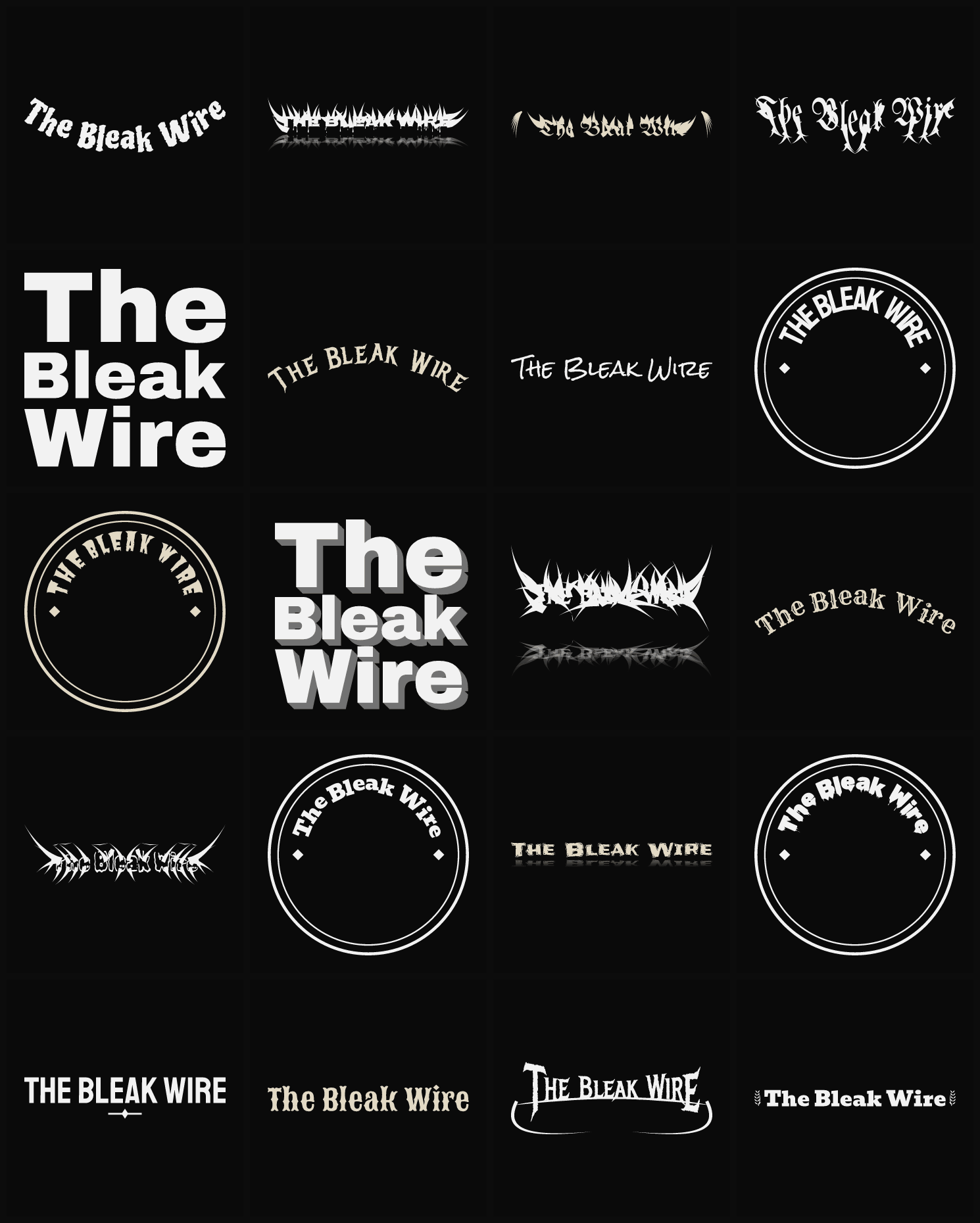 Twenty The Bleak Wire band logo ideas — different faces, treatments and spike settings