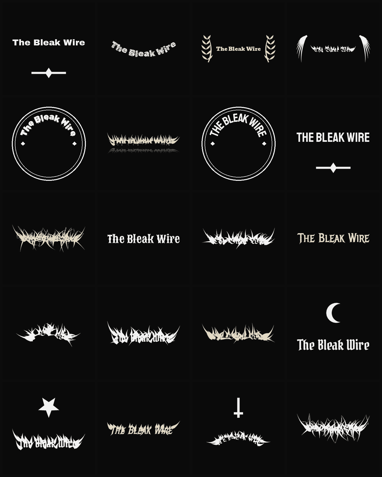 Twenty The Bleak Wire band logo ideas — different faces, treatments and spike settings