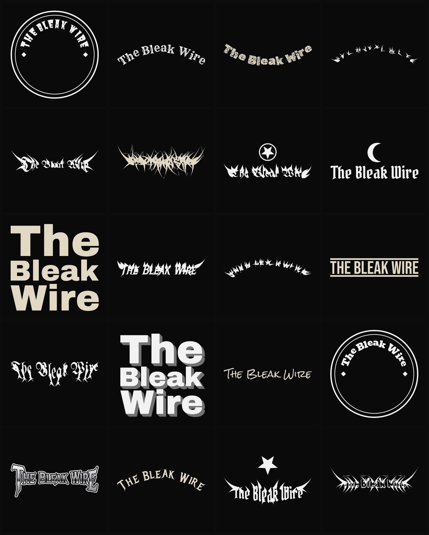 Twenty The Bleak Wire band logo ideas — different faces, treatments and spike settings