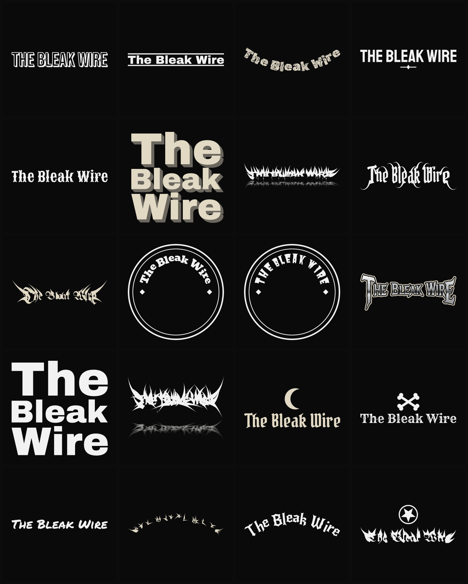 Twenty The Bleak Wire band logo ideas — different faces, treatments and spike settings