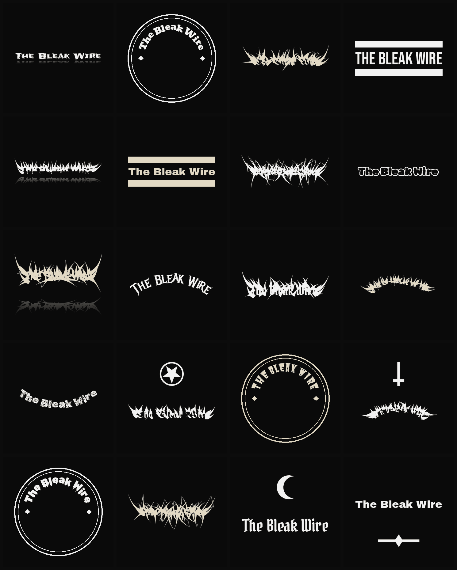 Twenty The Bleak Wire band logo ideas — different faces, treatments and spike settings