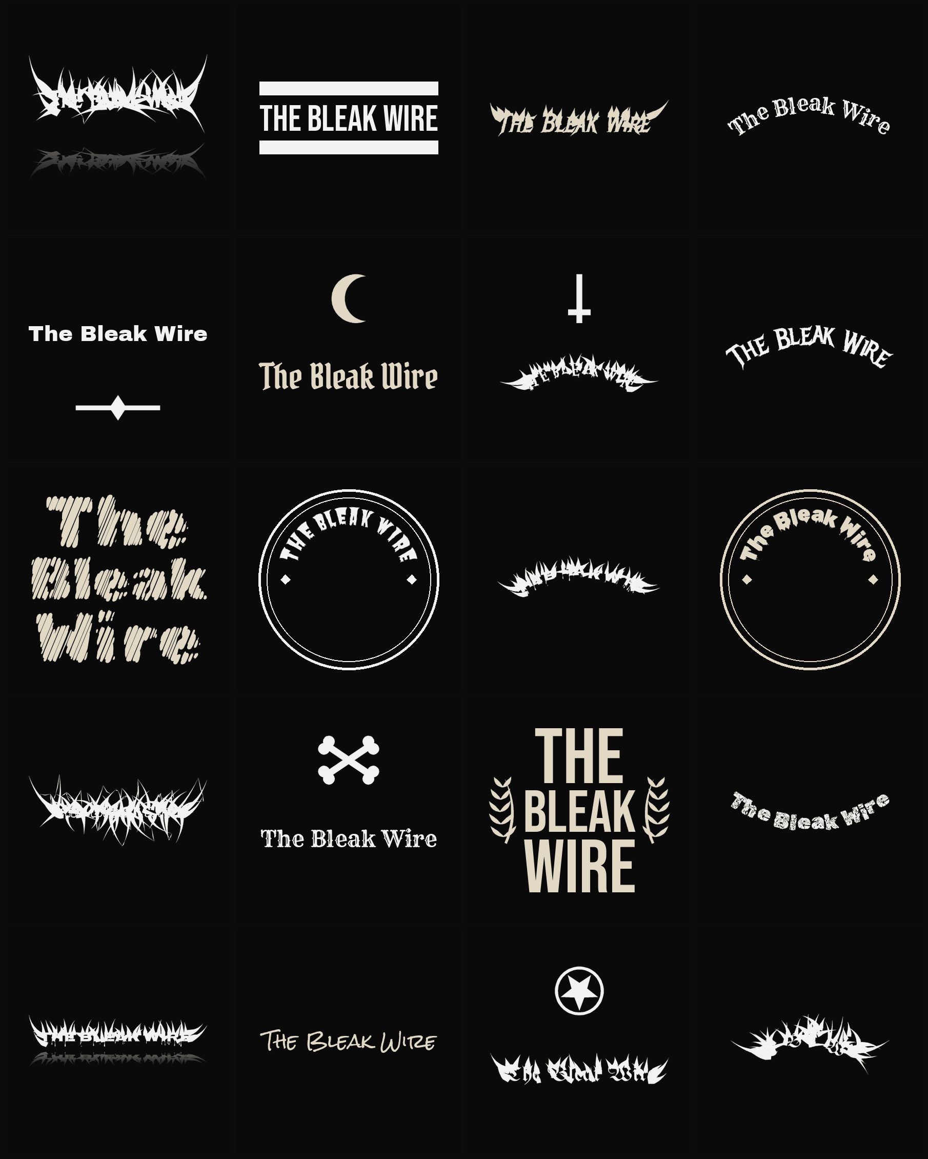 Twenty The Bleak Wire band logo ideas — different faces, treatments and spike settings