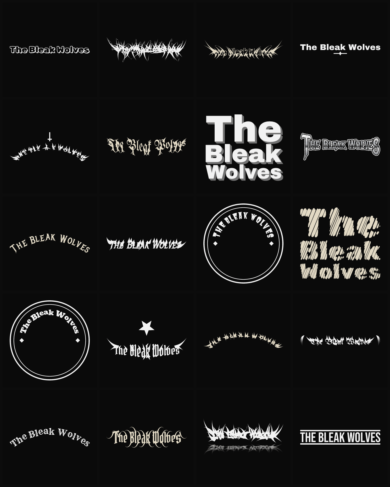 Twenty The Bleak Wolves band logo ideas — different faces, treatments and spike settings