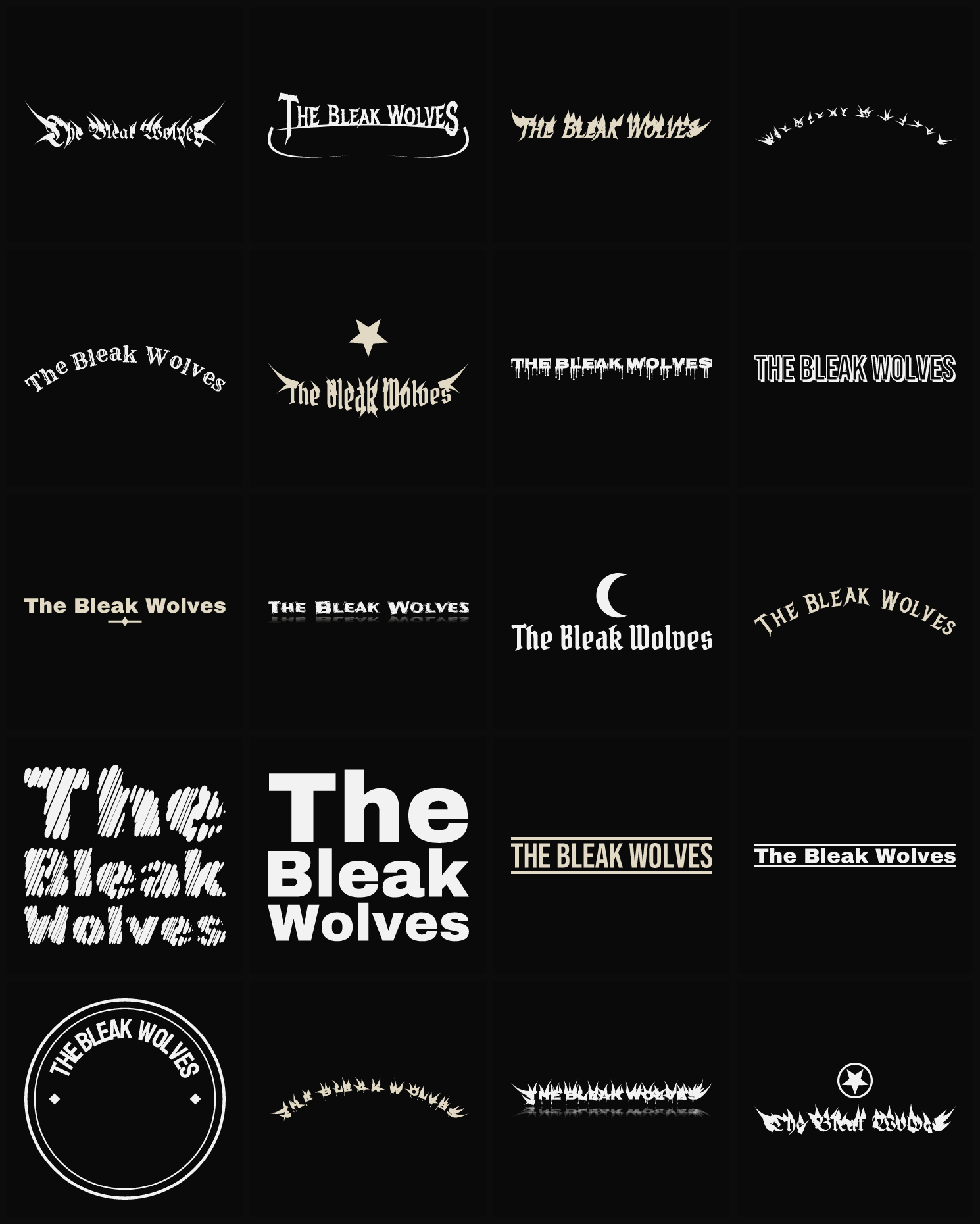 Twenty The Bleak Wolves band logo ideas — different faces, treatments and spike settings