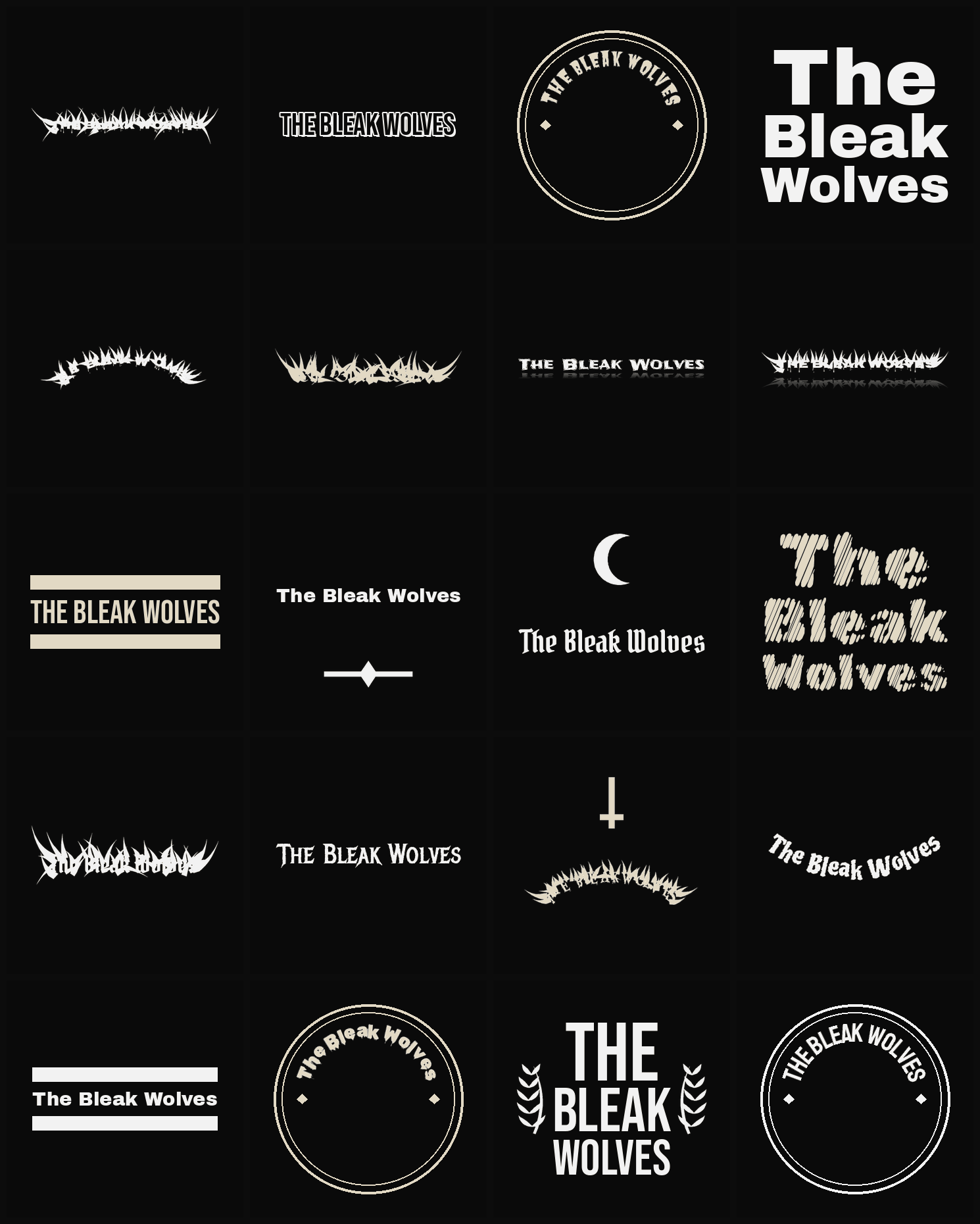 Twenty The Bleak Wolves band logo ideas — different faces, treatments and spike settings