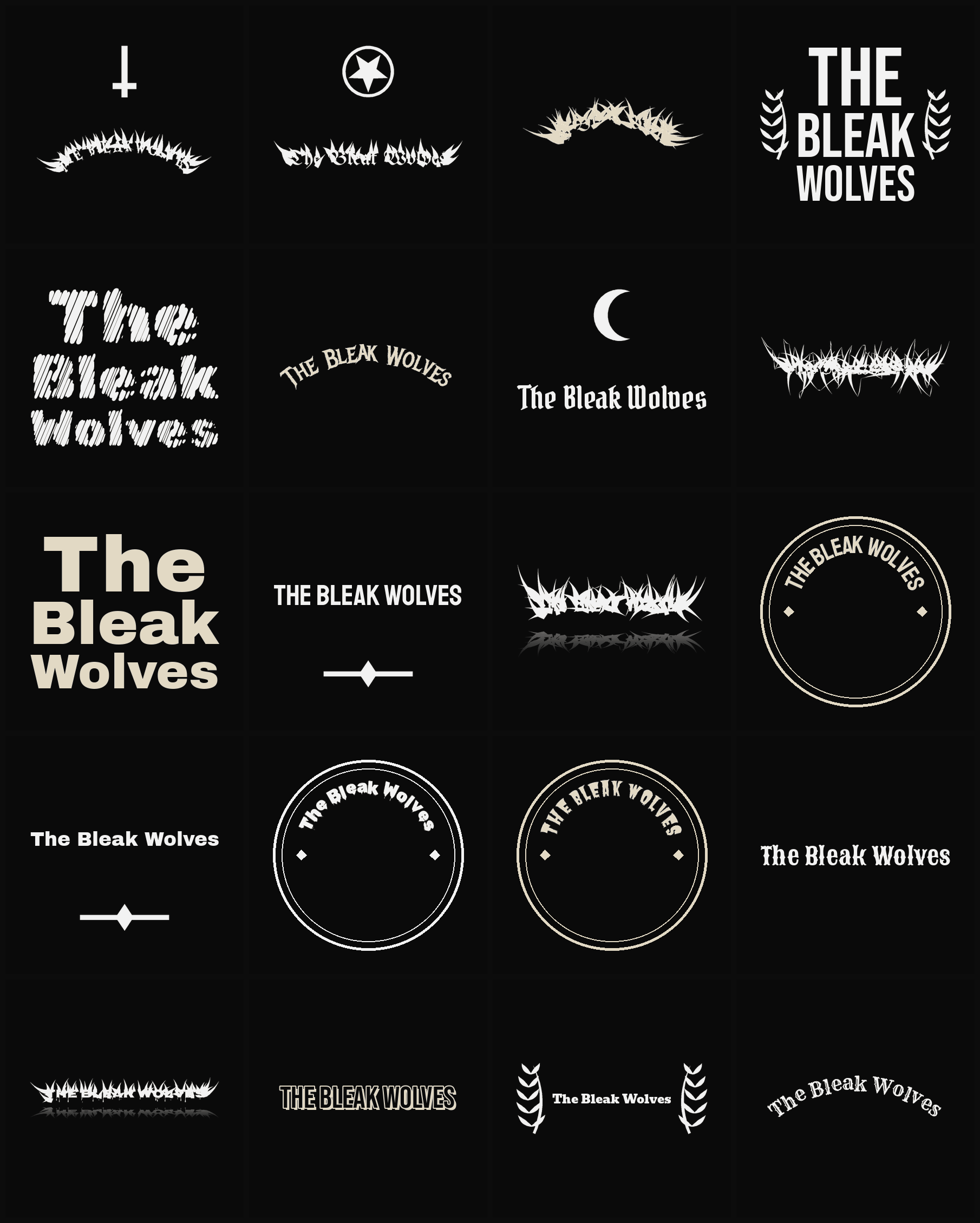 Twenty The Bleak Wolves band logo ideas — different faces, treatments and spike settings