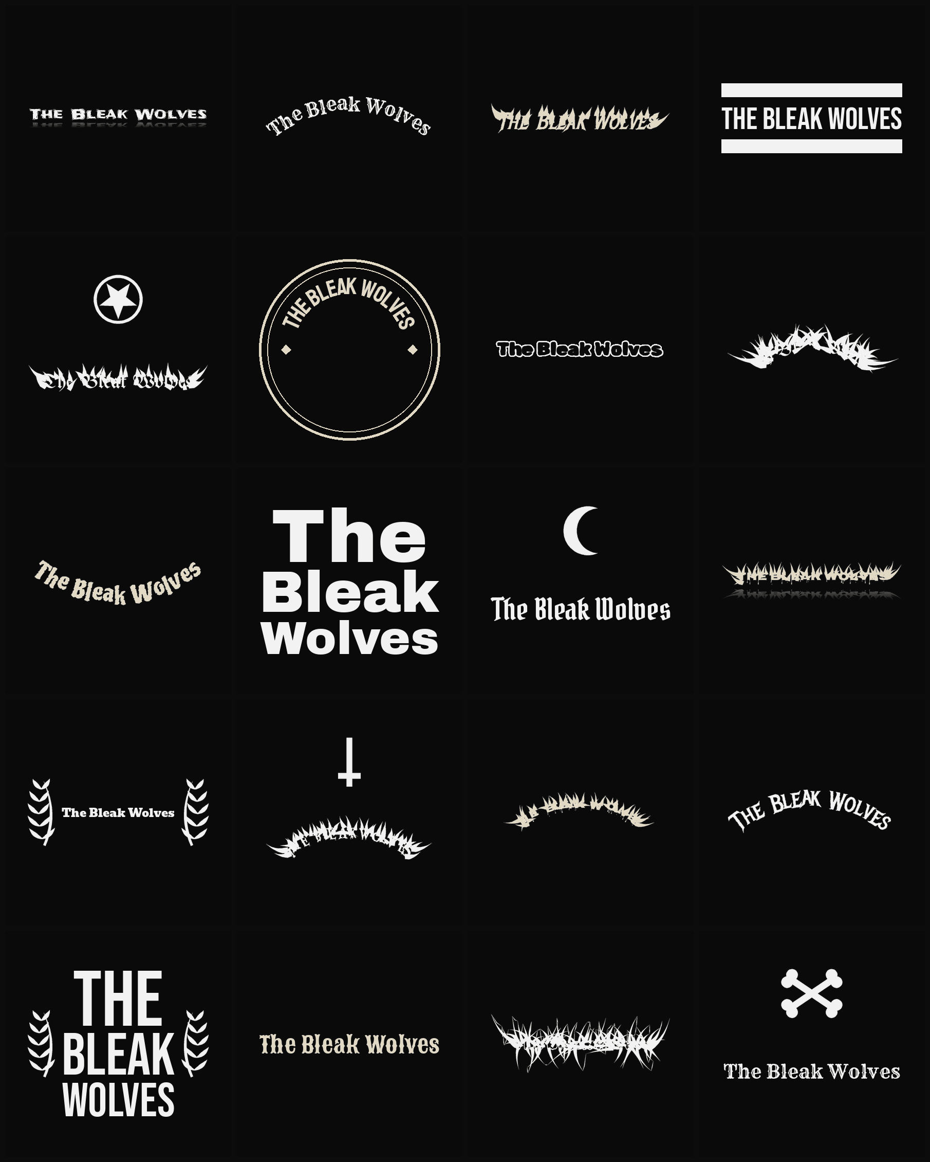 Twenty The Bleak Wolves band logo ideas — different faces, treatments and spike settings