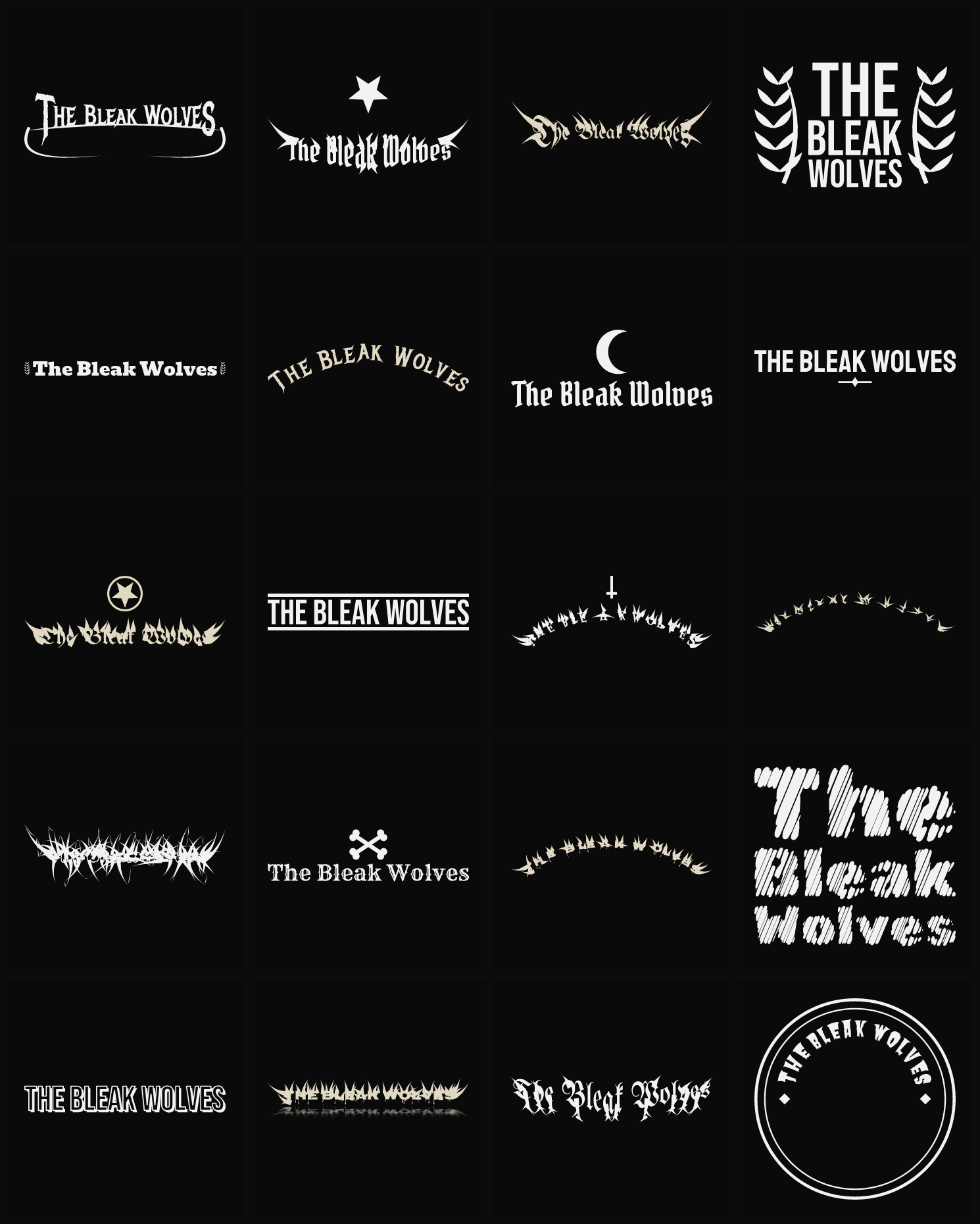 Twenty The Bleak Wolves band logo ideas — different faces, treatments and spike settings