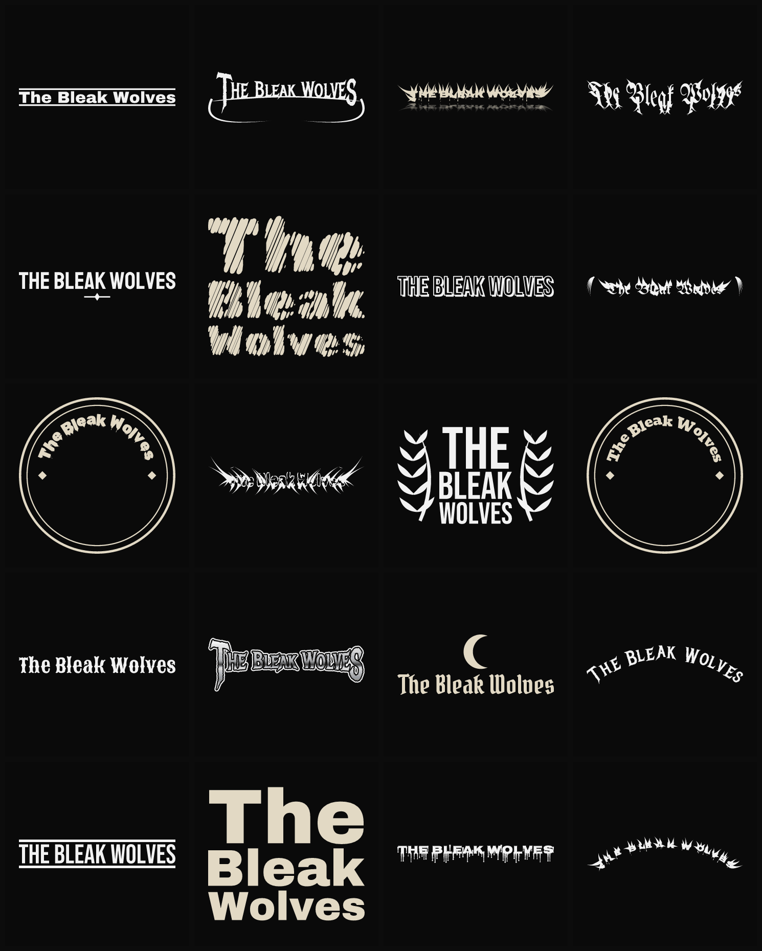 Twenty The Bleak Wolves band logo ideas — different faces, treatments and spike settings