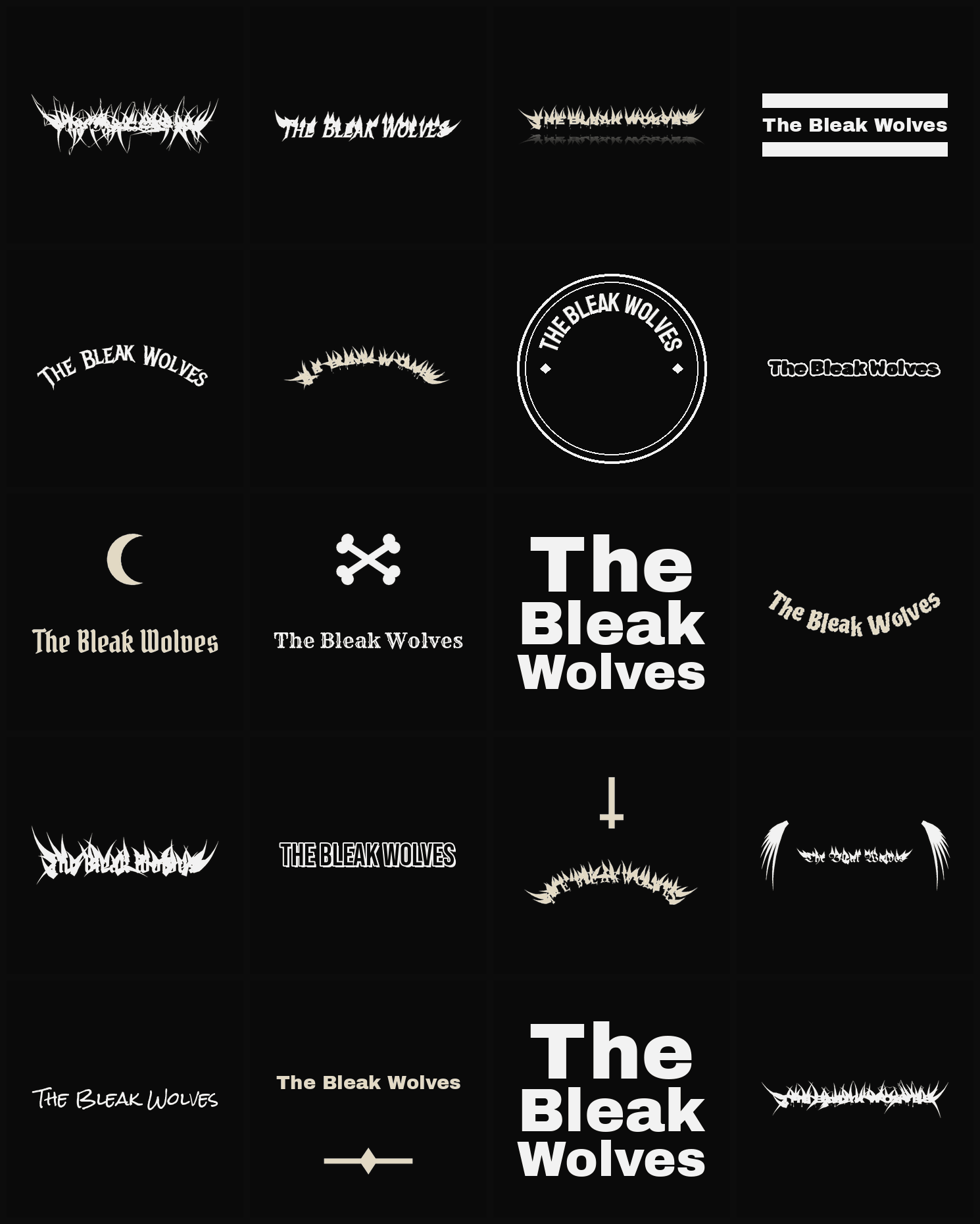 Twenty The Bleak Wolves band logo ideas — different faces, treatments and spike settings