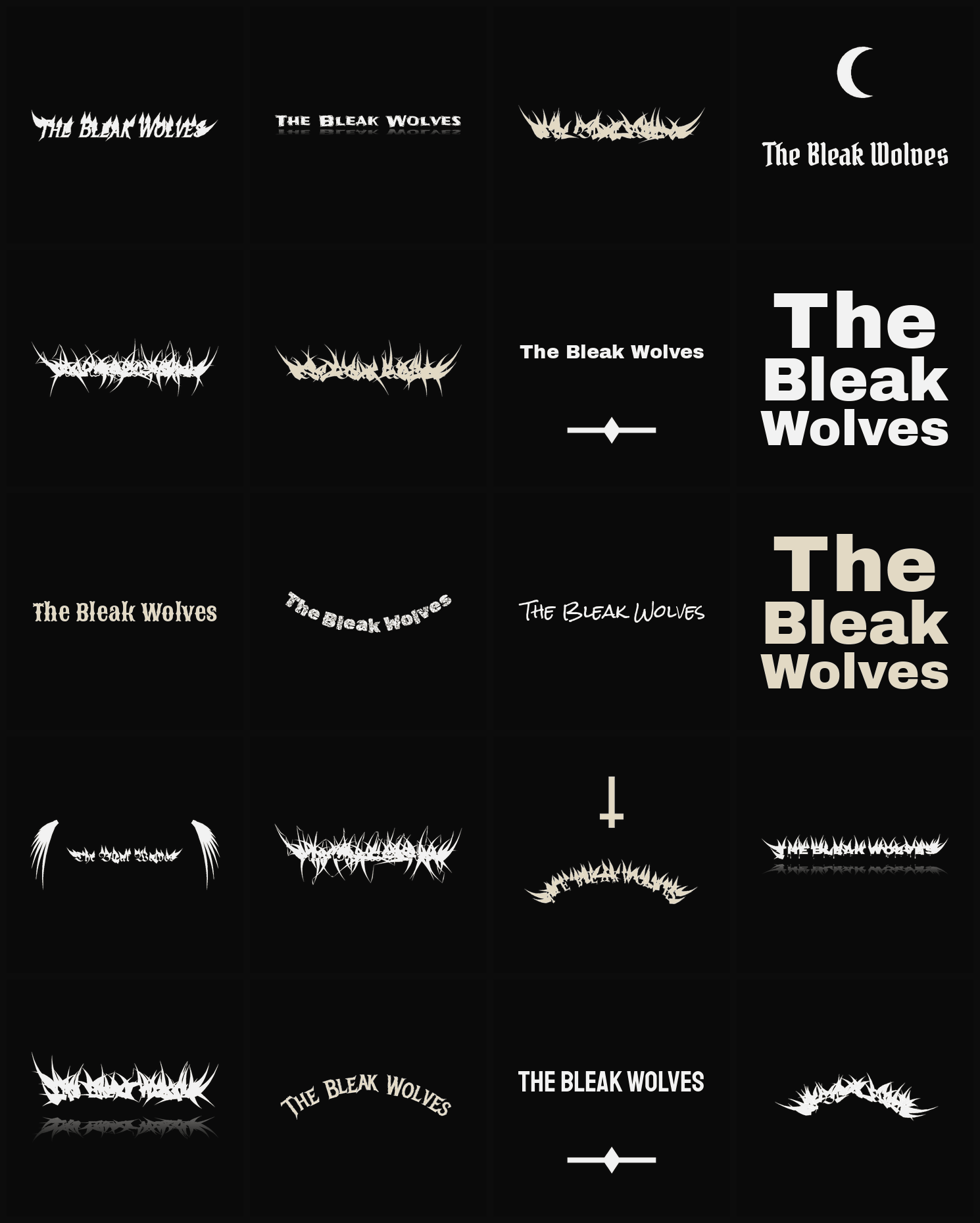Twenty The Bleak Wolves band logo ideas — different faces, treatments and spike settings