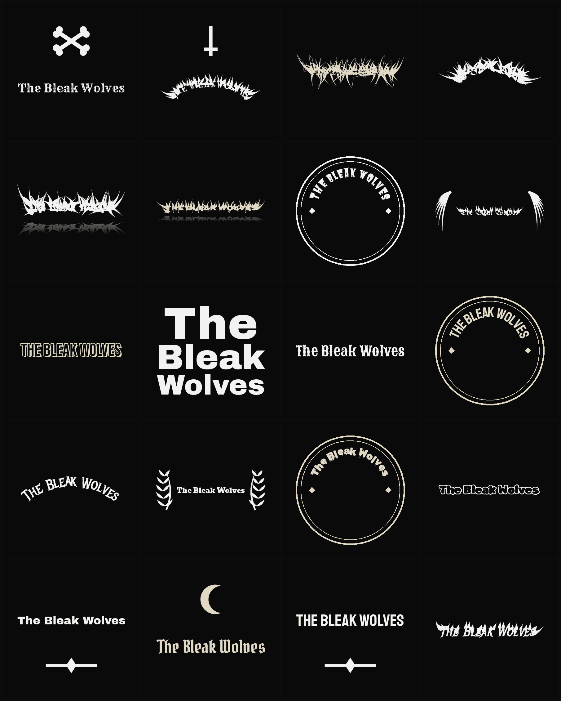 Twenty The Bleak Wolves band logo ideas — different faces, treatments and spike settings