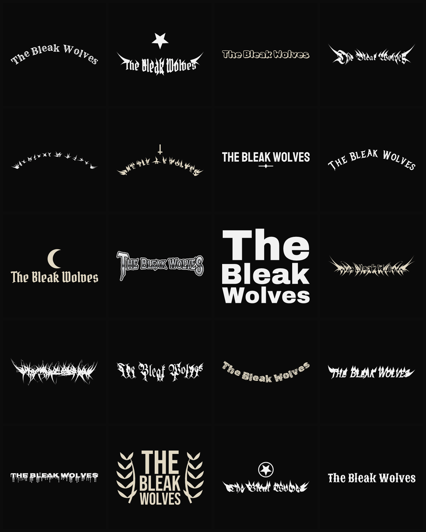 Twenty The Bleak Wolves band logo ideas — different faces, treatments and spike settings