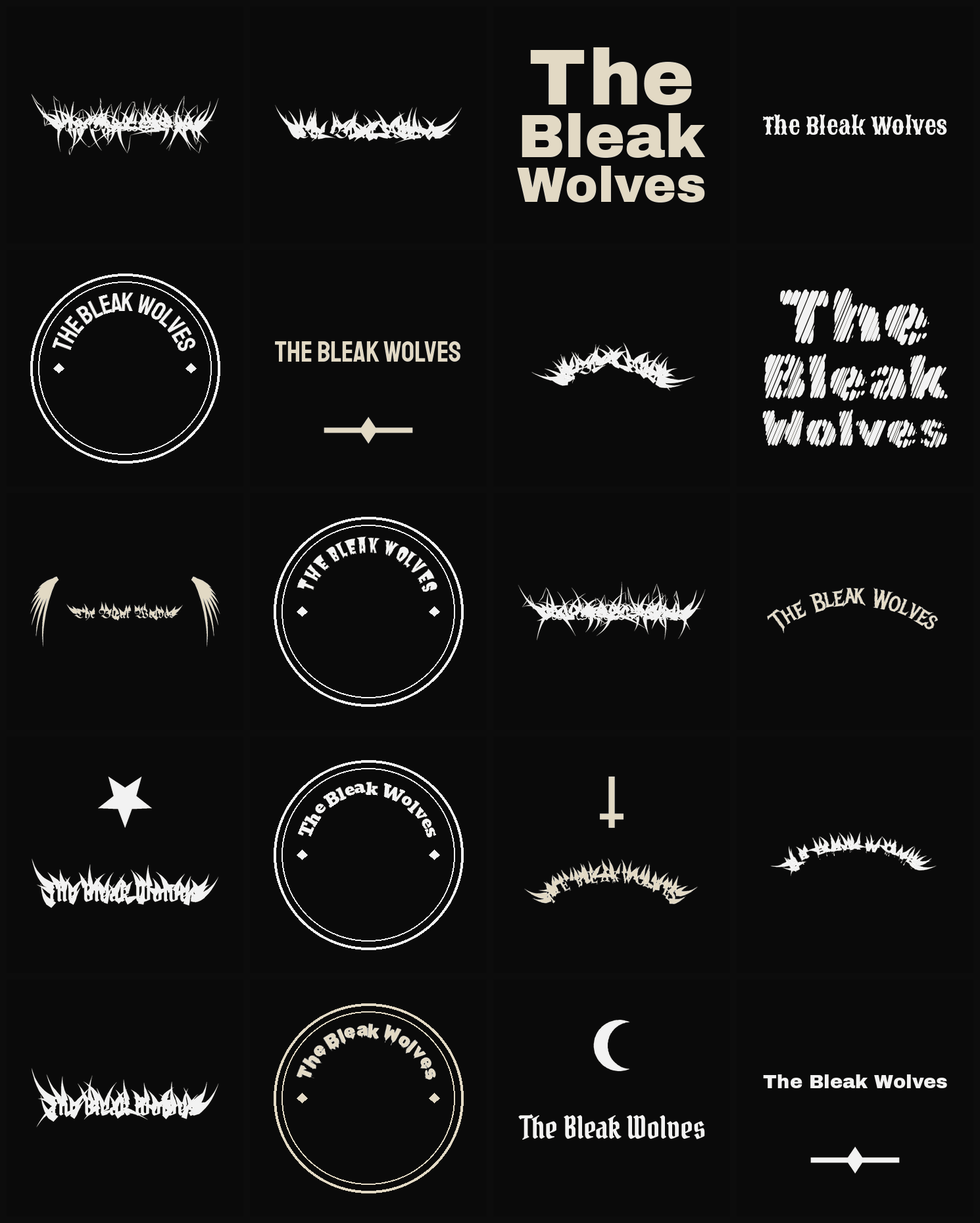 Twenty The Bleak Wolves band logo ideas — different faces, treatments and spike settings