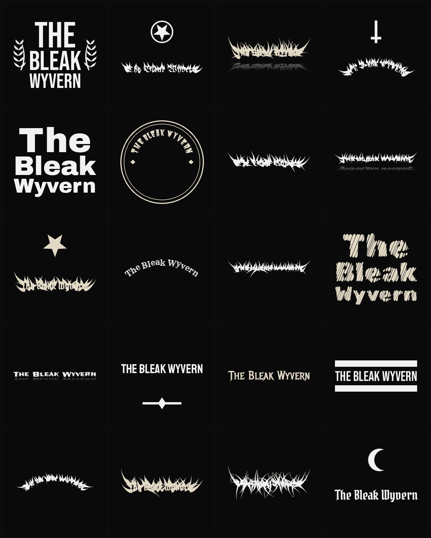 Twenty The Bleak Wyvern band logo ideas — different faces, treatments and spike settings