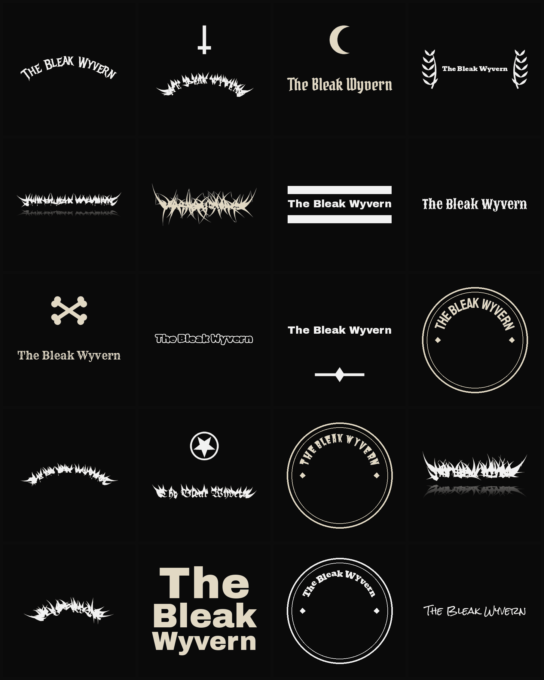 Twenty The Bleak Wyvern band logo ideas — different faces, treatments and spike settings