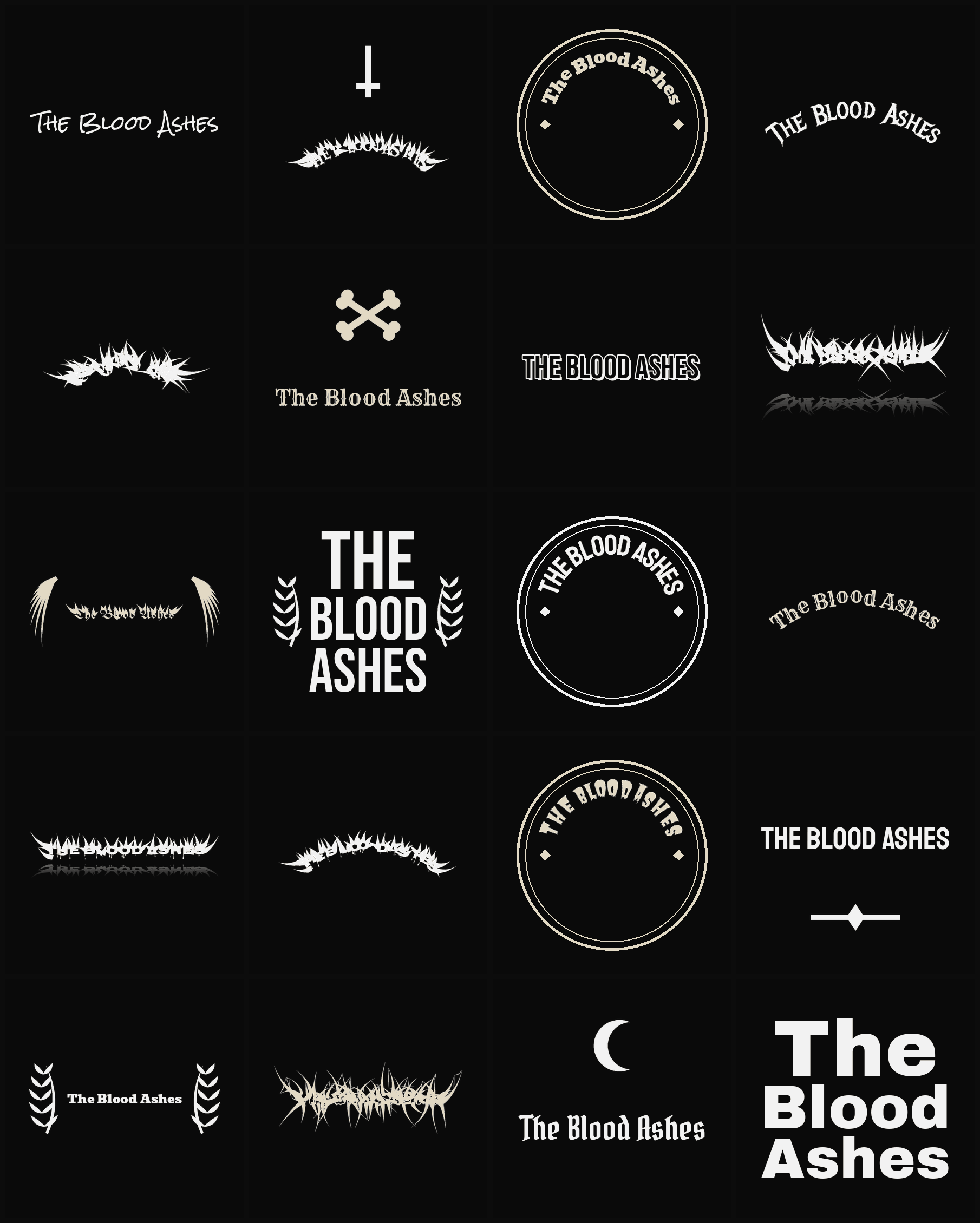 Twenty The Blood Ashes band logo ideas — different faces, treatments and spike settings