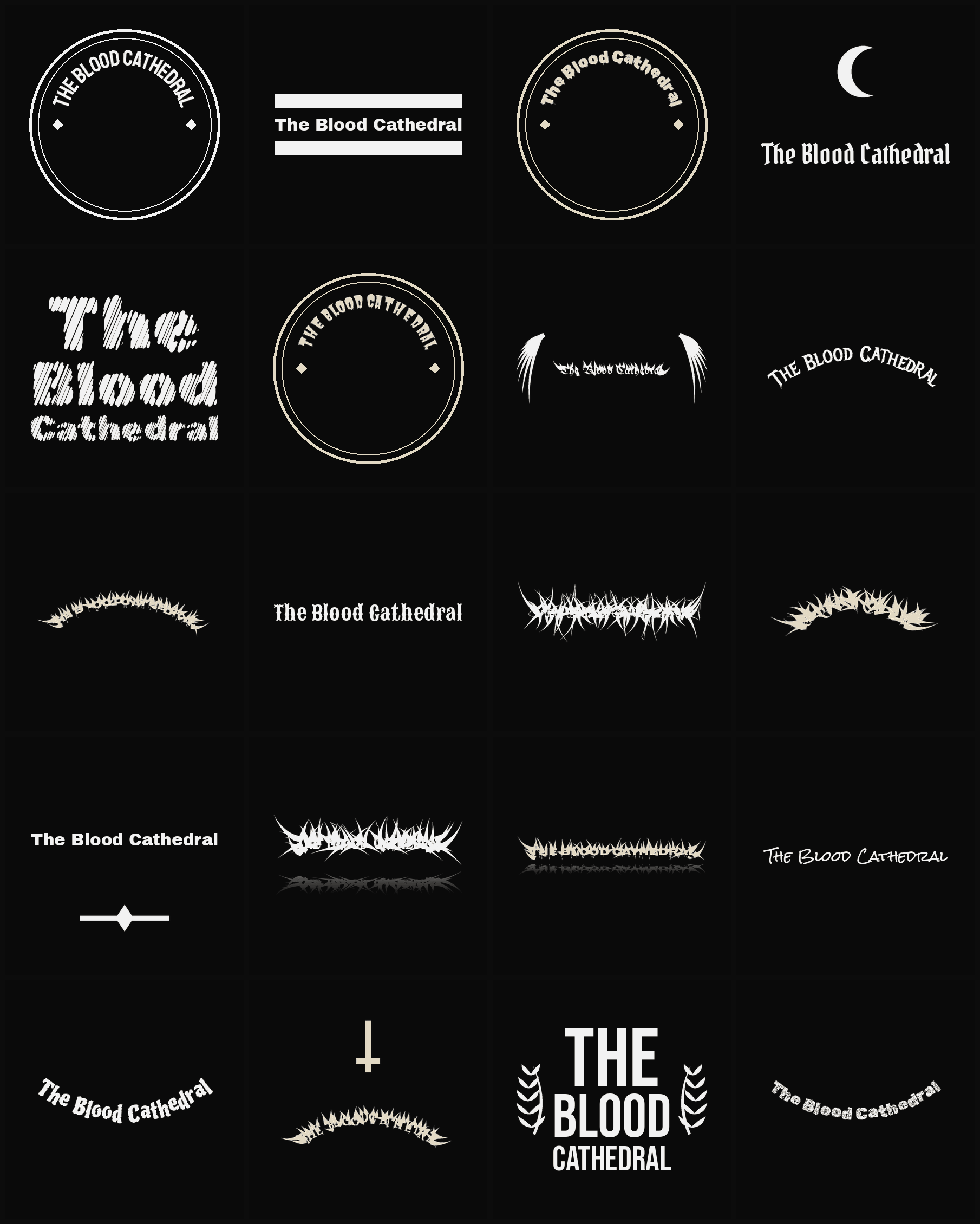 Twenty The Blood Cathedral band logo ideas — different faces, treatments and spike settings