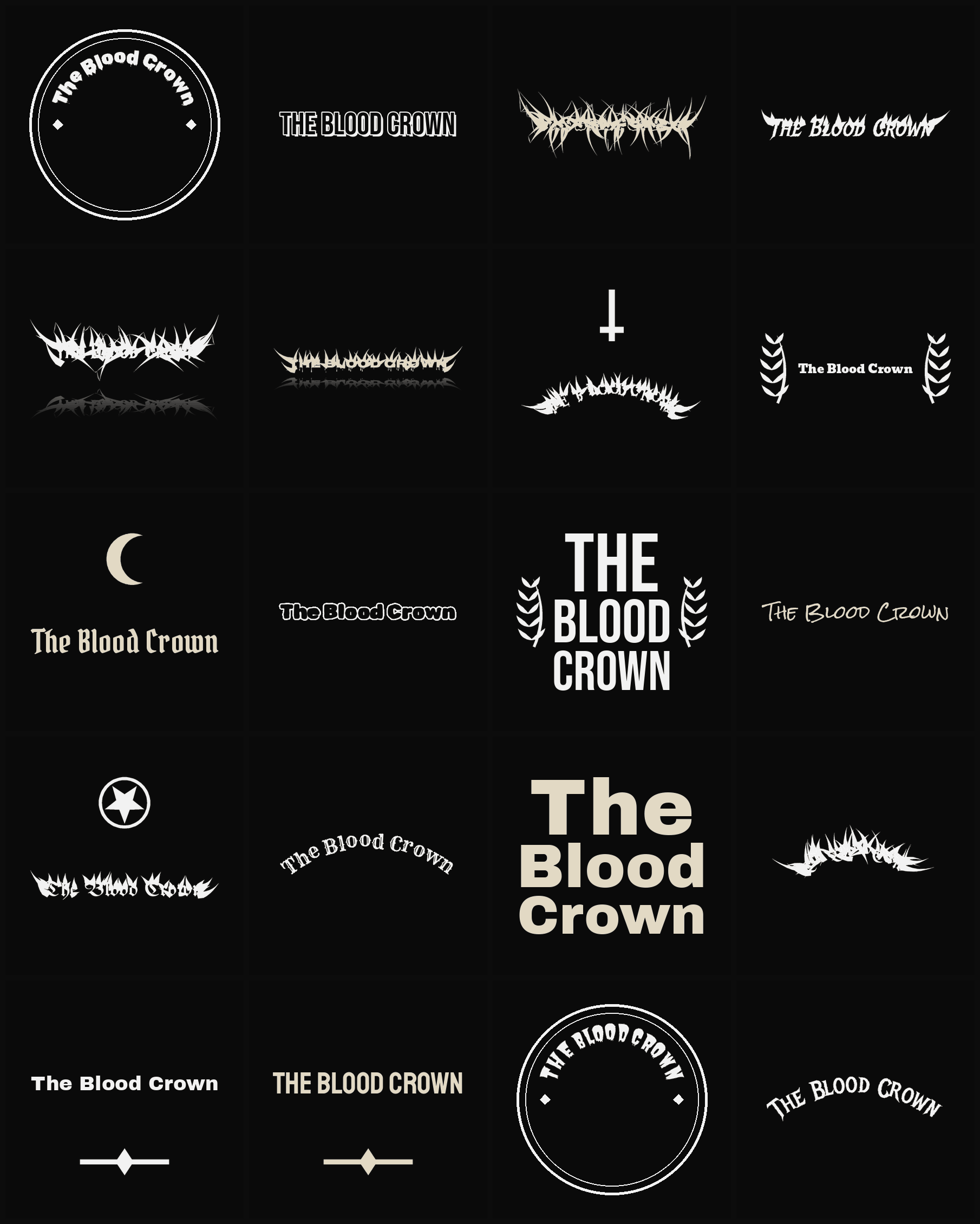 Twenty The Blood Crown band logo ideas — different faces, treatments and spike settings