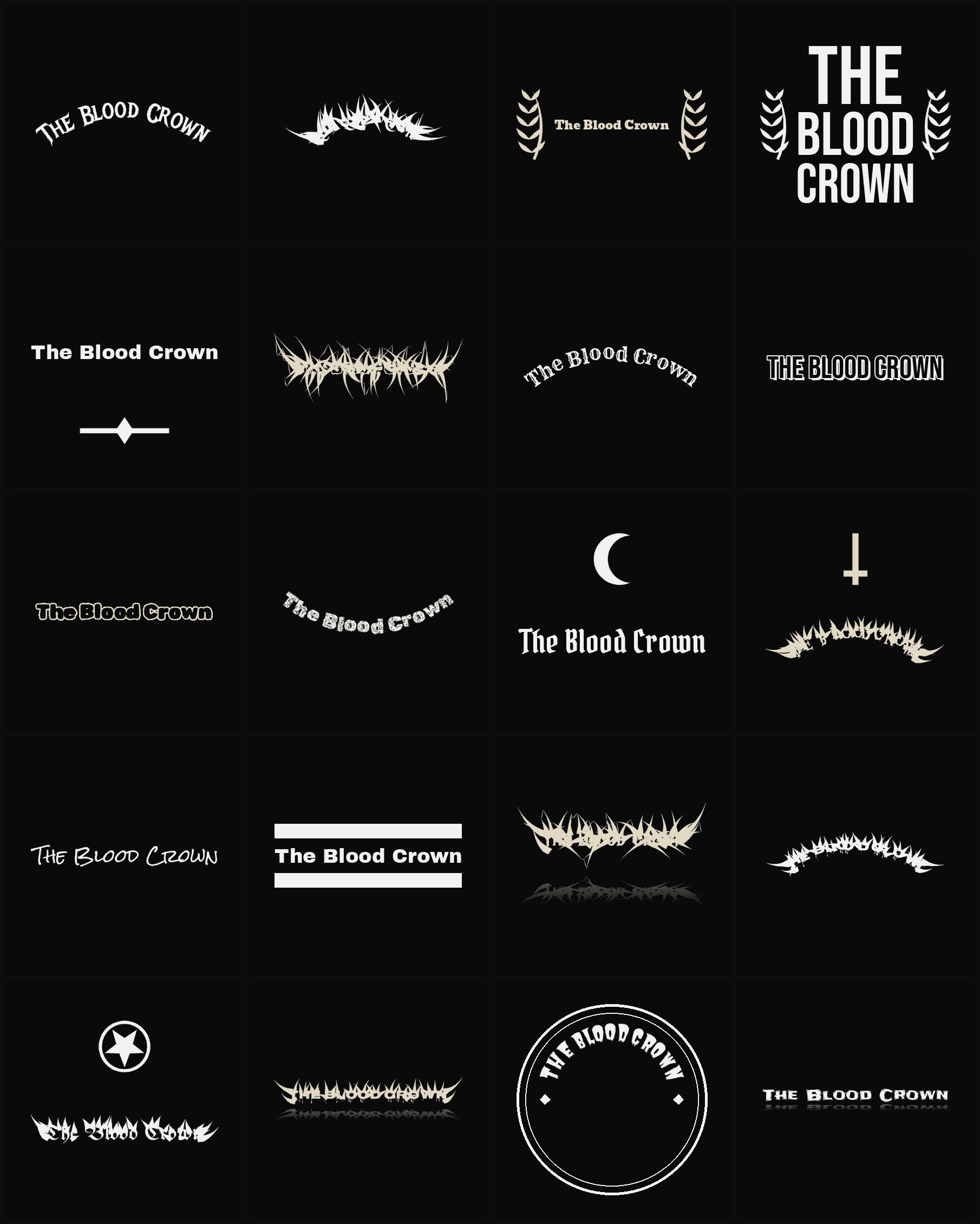 Twenty The Blood Crown band logo ideas — different faces, treatments and spike settings