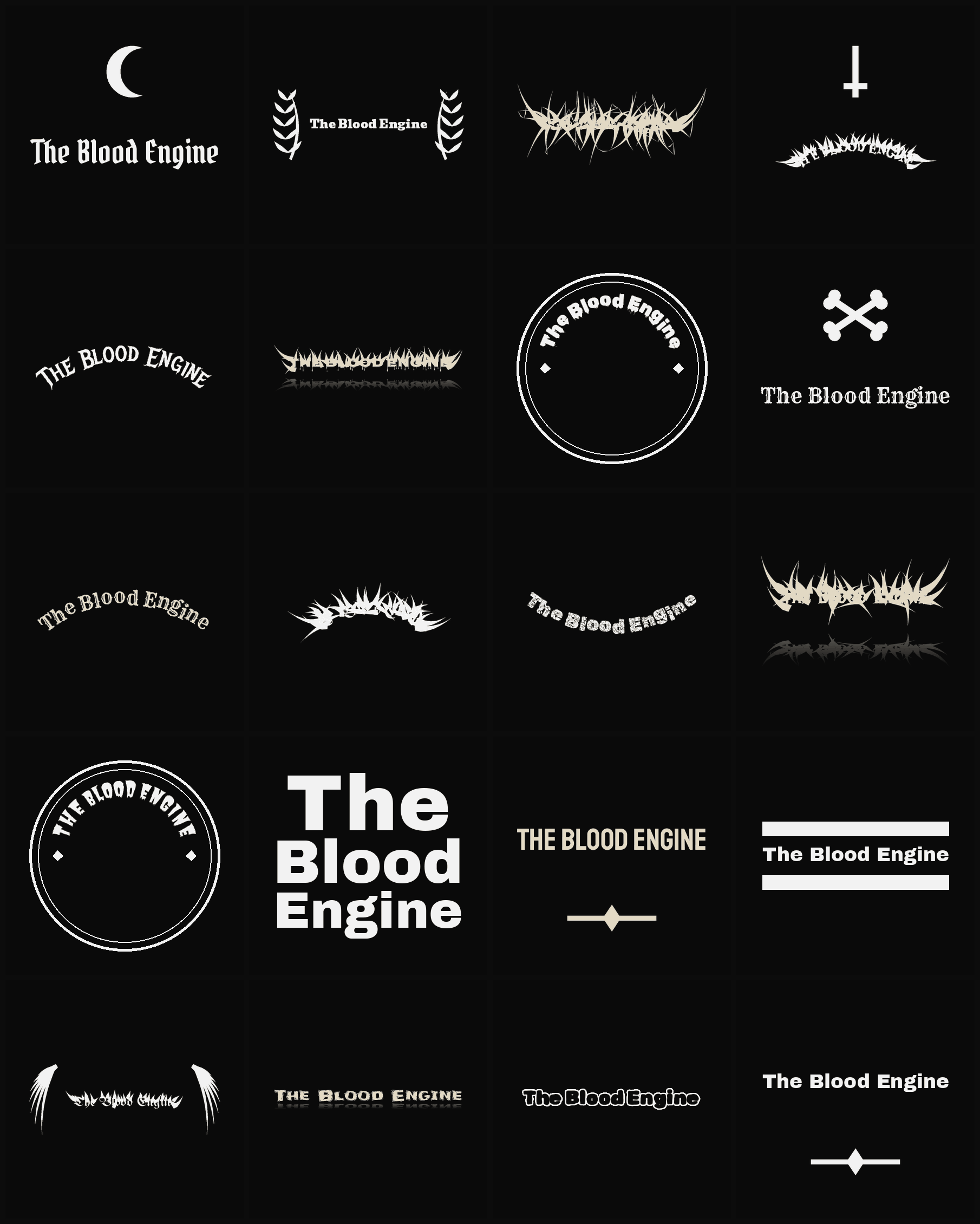 Twenty The Blood Engine band logo ideas — different faces, treatments and spike settings