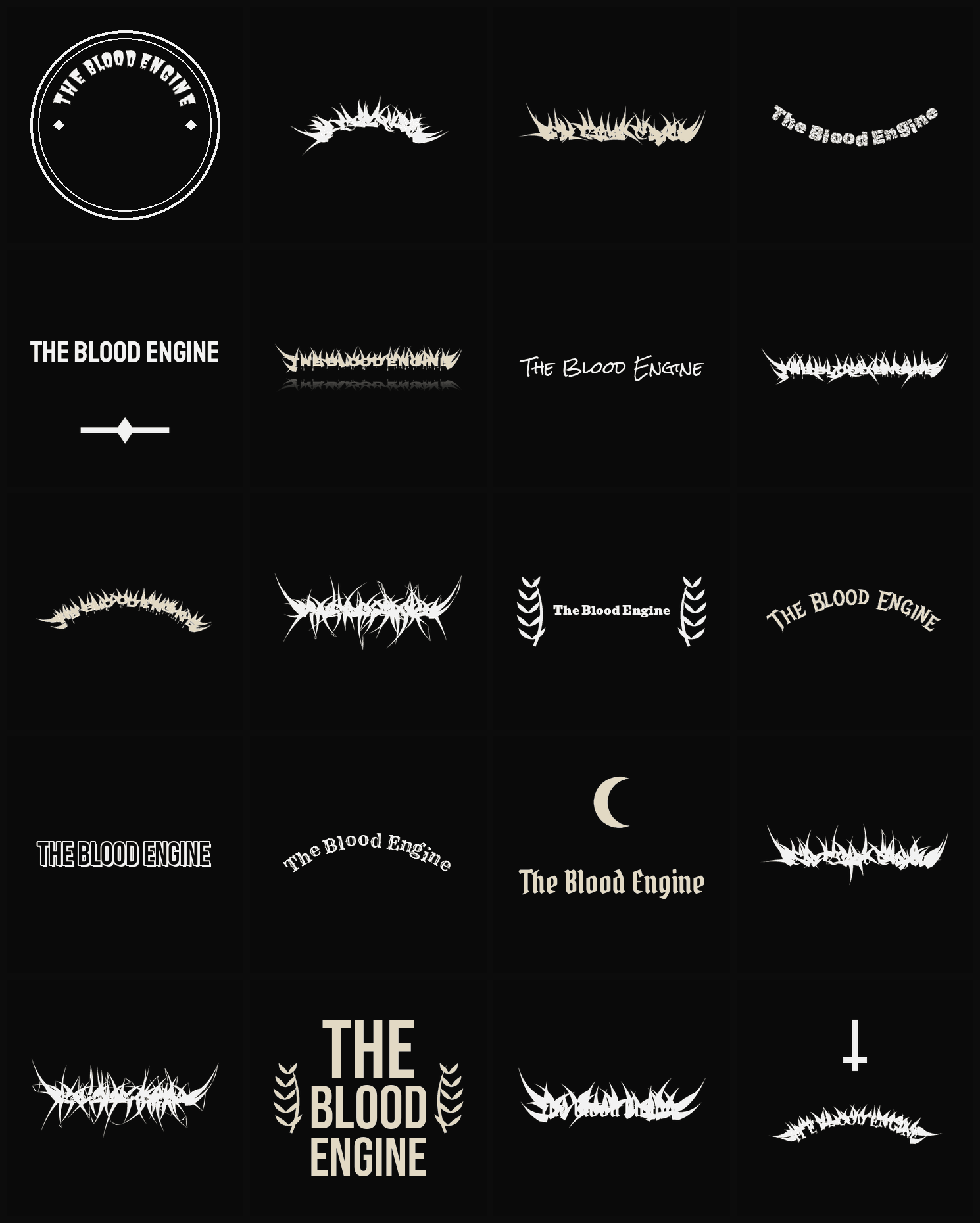 Twenty The Blood Engine band logo ideas — different faces, treatments and spike settings