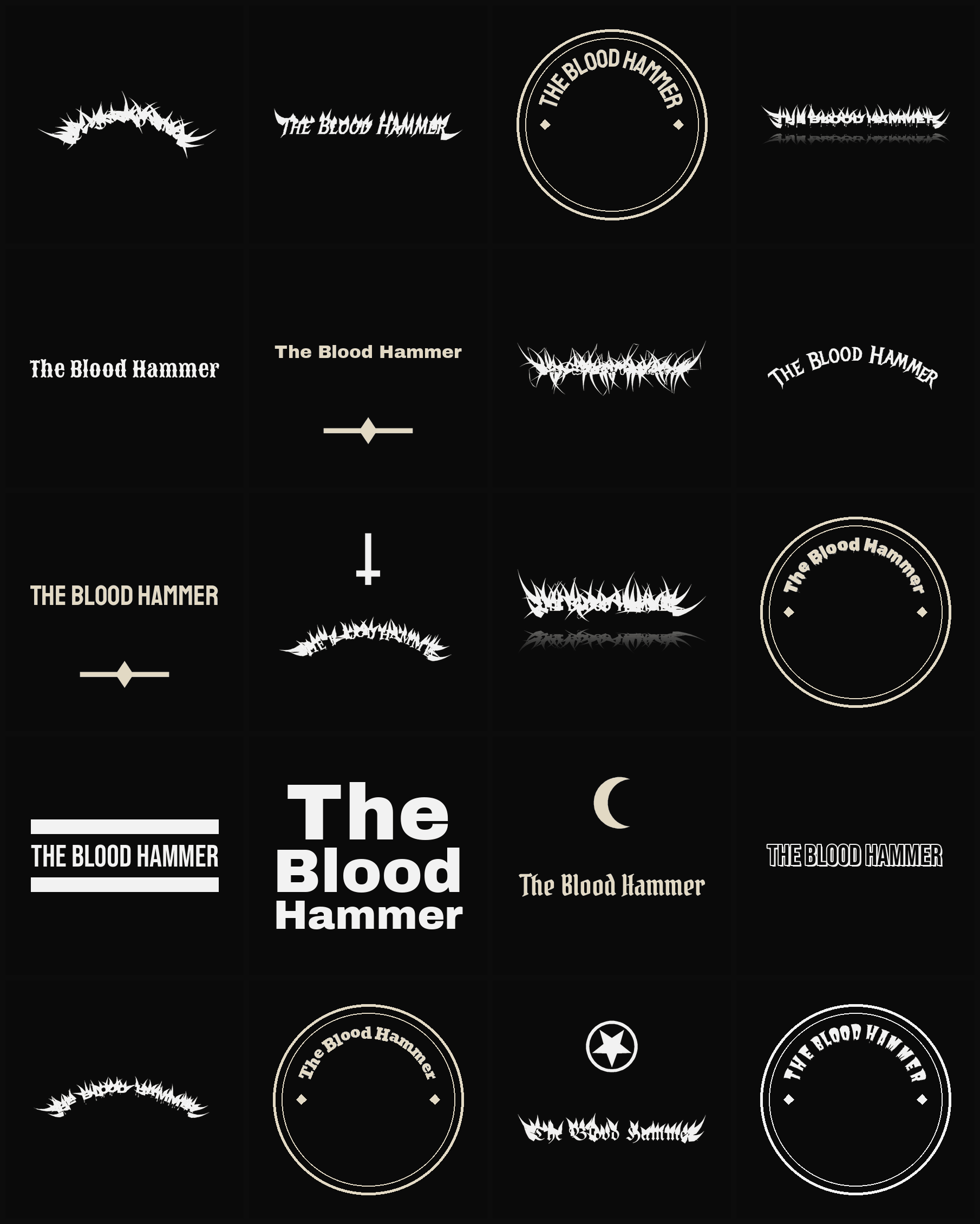 Twenty The Blood Hammer band logo ideas — different faces, treatments and spike settings