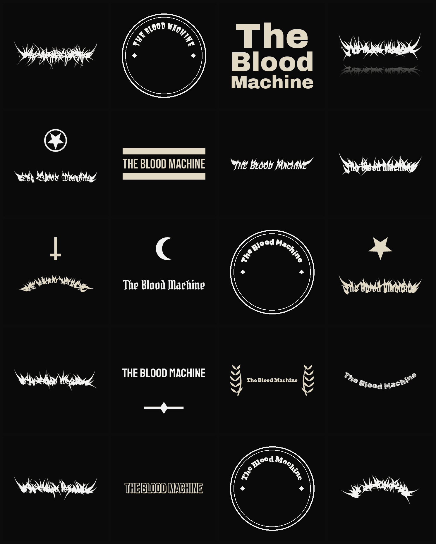 Twenty The Blood Machine band logo ideas — different faces, treatments and spike settings