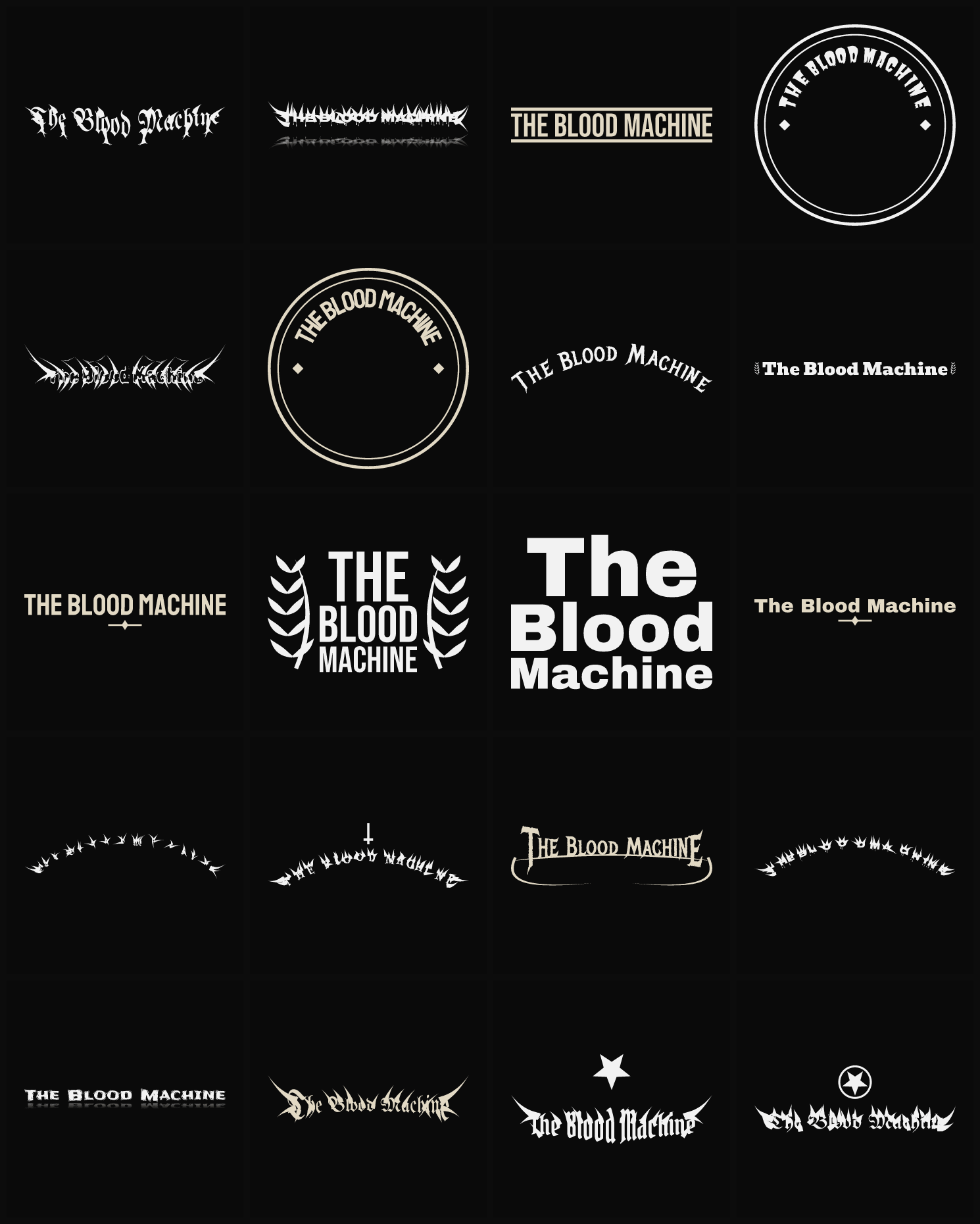 Twenty The Blood Machine band logo ideas — different faces, treatments and spike settings