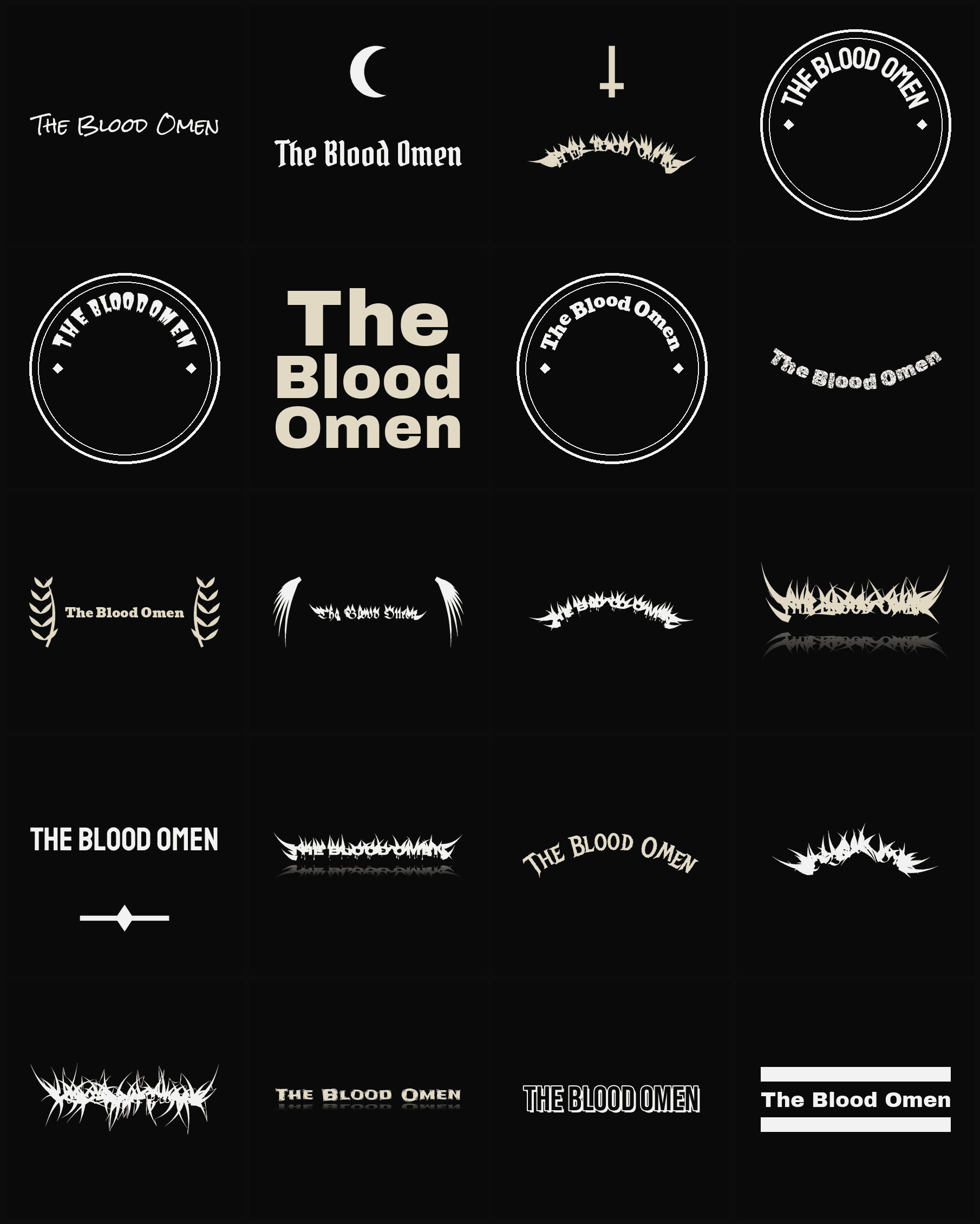 Twenty The Blood Omen band logo ideas — different faces, treatments and spike settings
