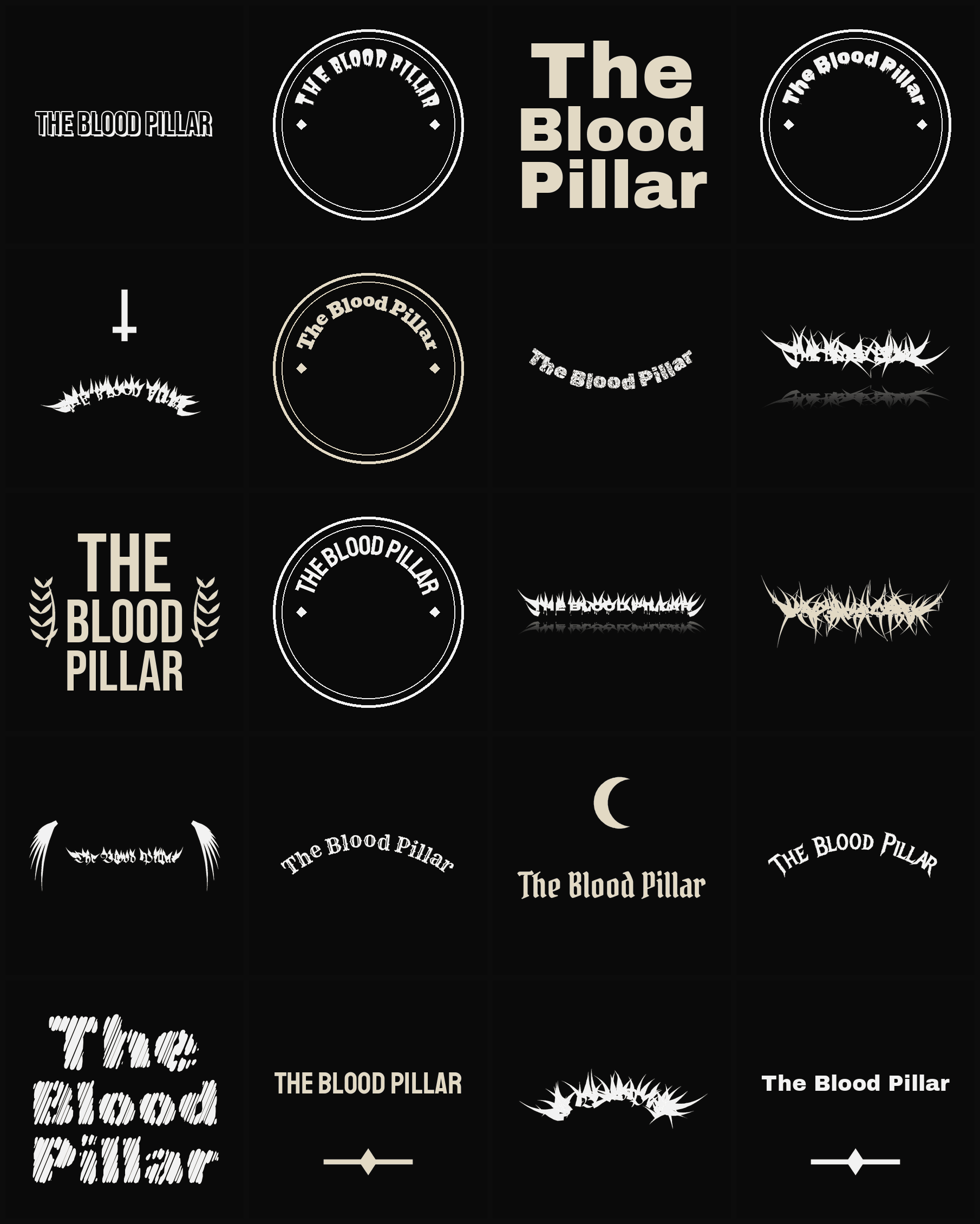 Twenty The Blood Pillar band logo ideas — different faces, treatments and spike settings