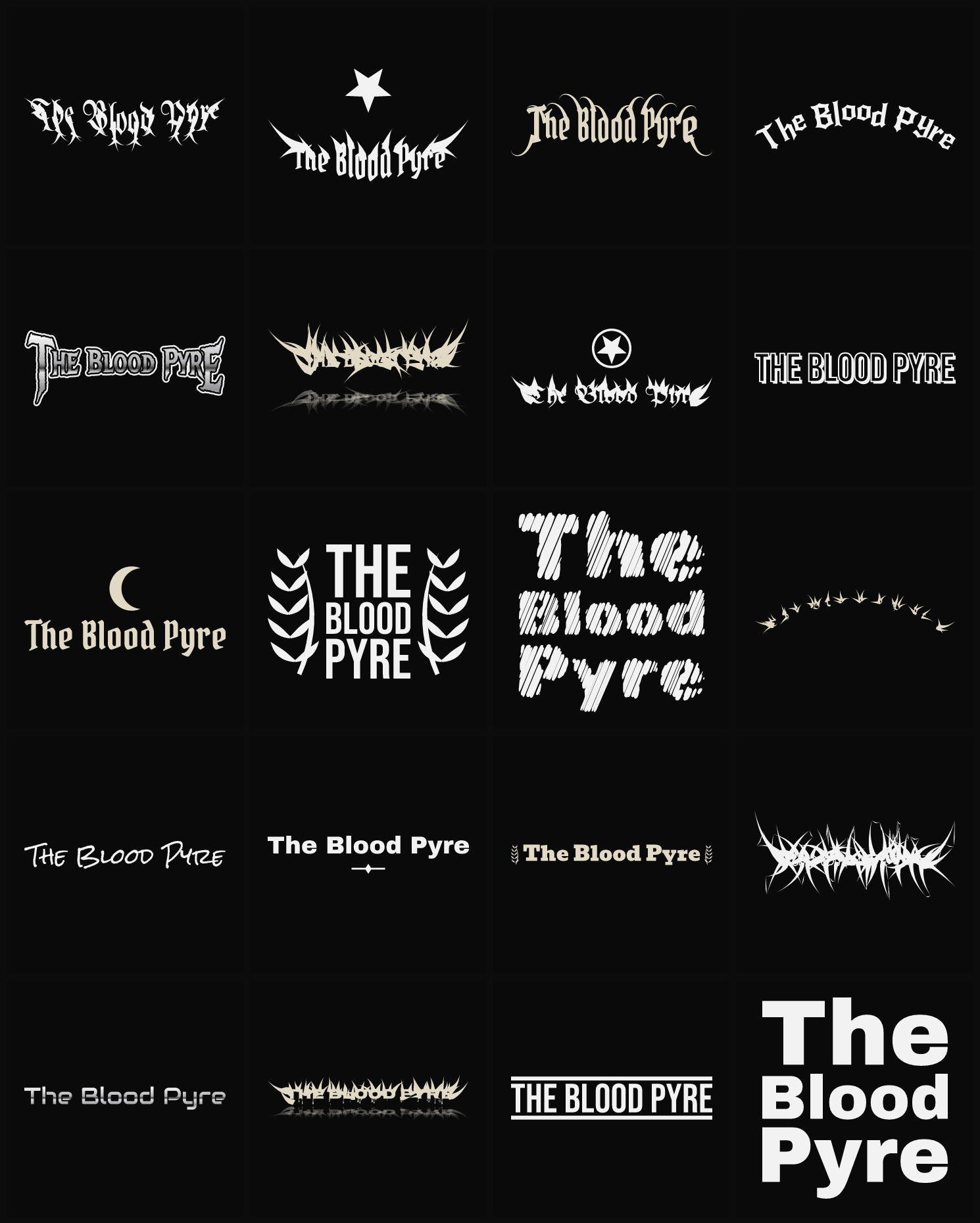 Twenty The Blood Pyre band logo ideas — different faces, treatments and spike settings