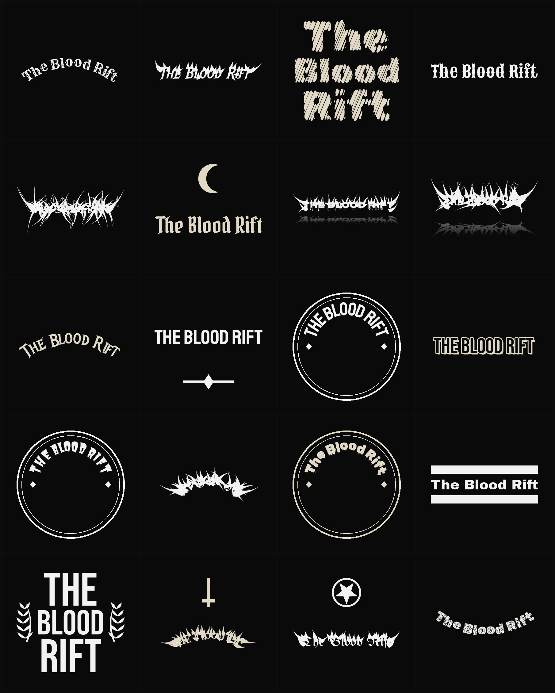 Twenty The Blood Rift band logo ideas — different faces, treatments and spike settings