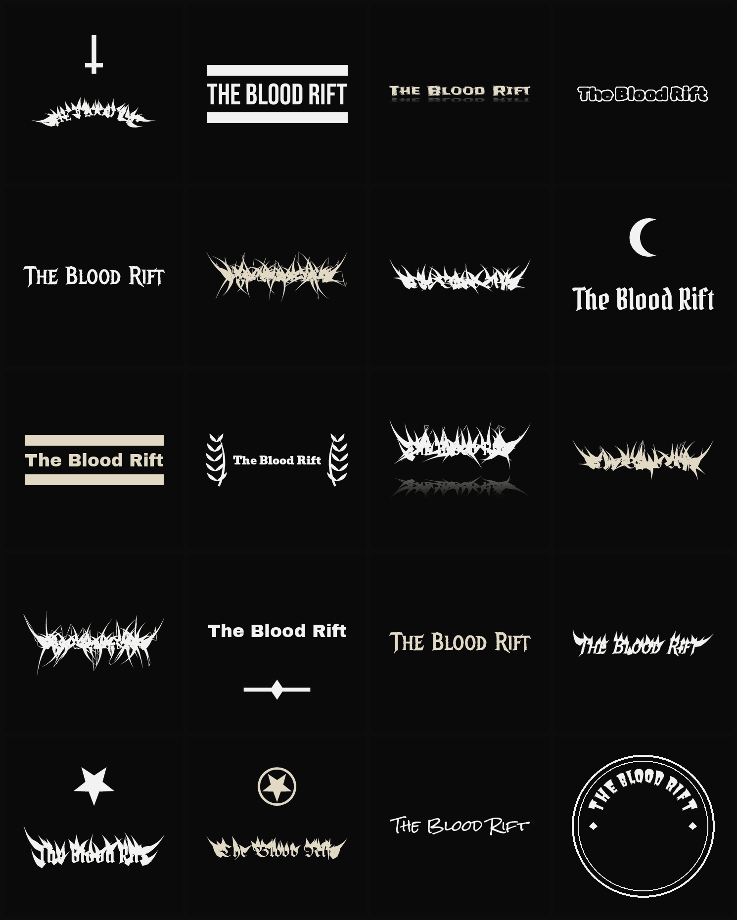 Twenty The Blood Rift band logo ideas — different faces, treatments and spike settings