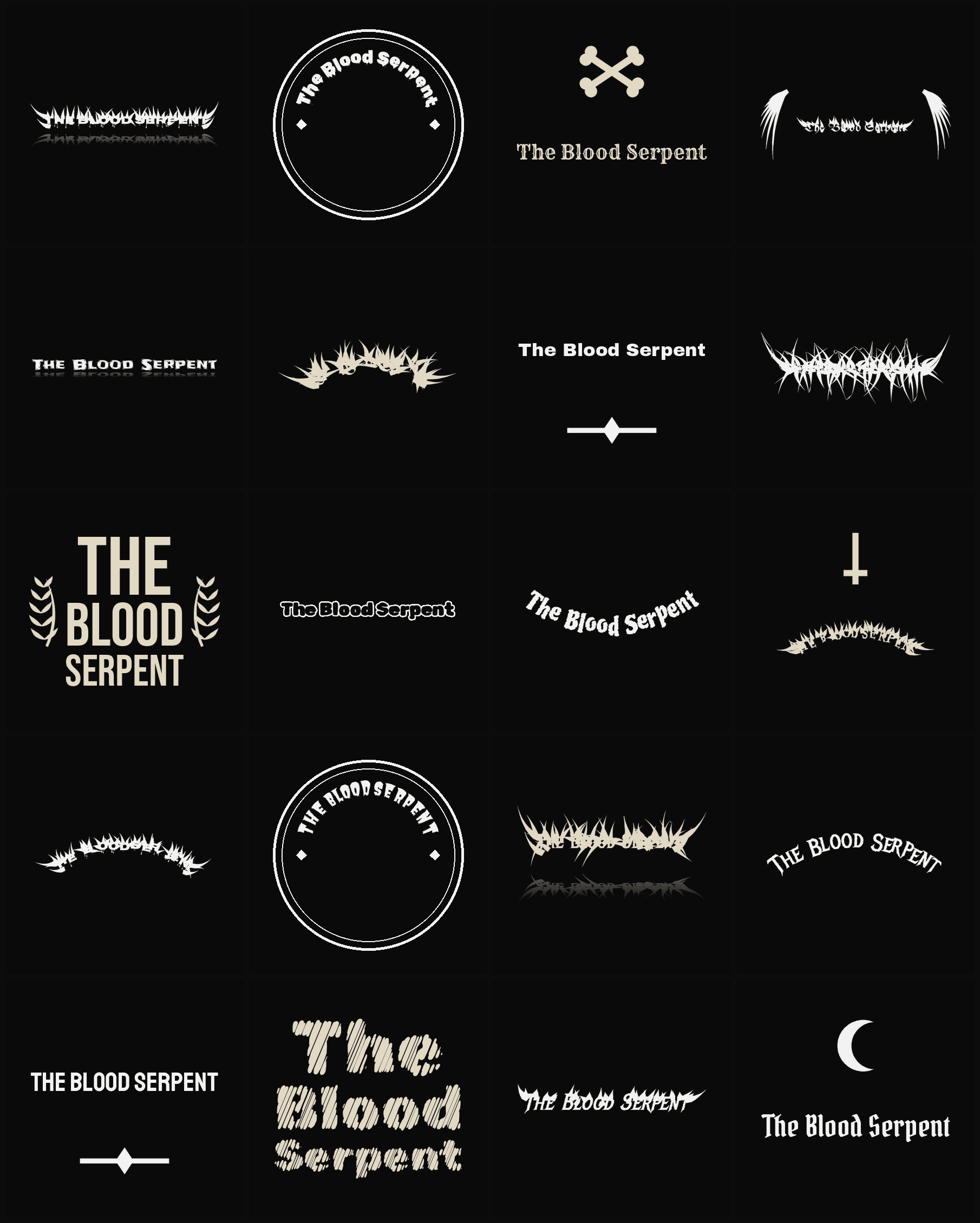 Twenty The Blood Serpent band logo ideas — different faces, treatments and spike settings