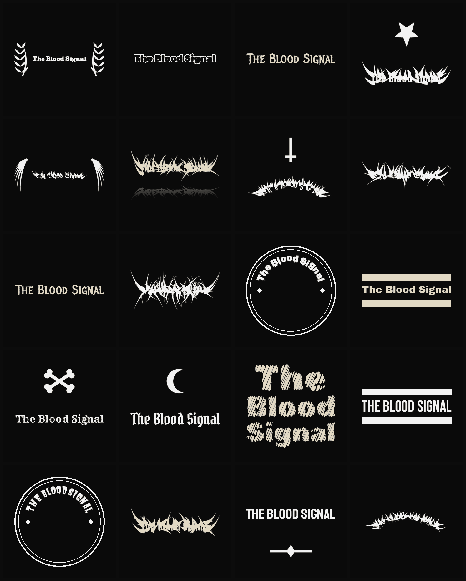 Twenty The Blood Signal band logo ideas — different faces, treatments and spike settings