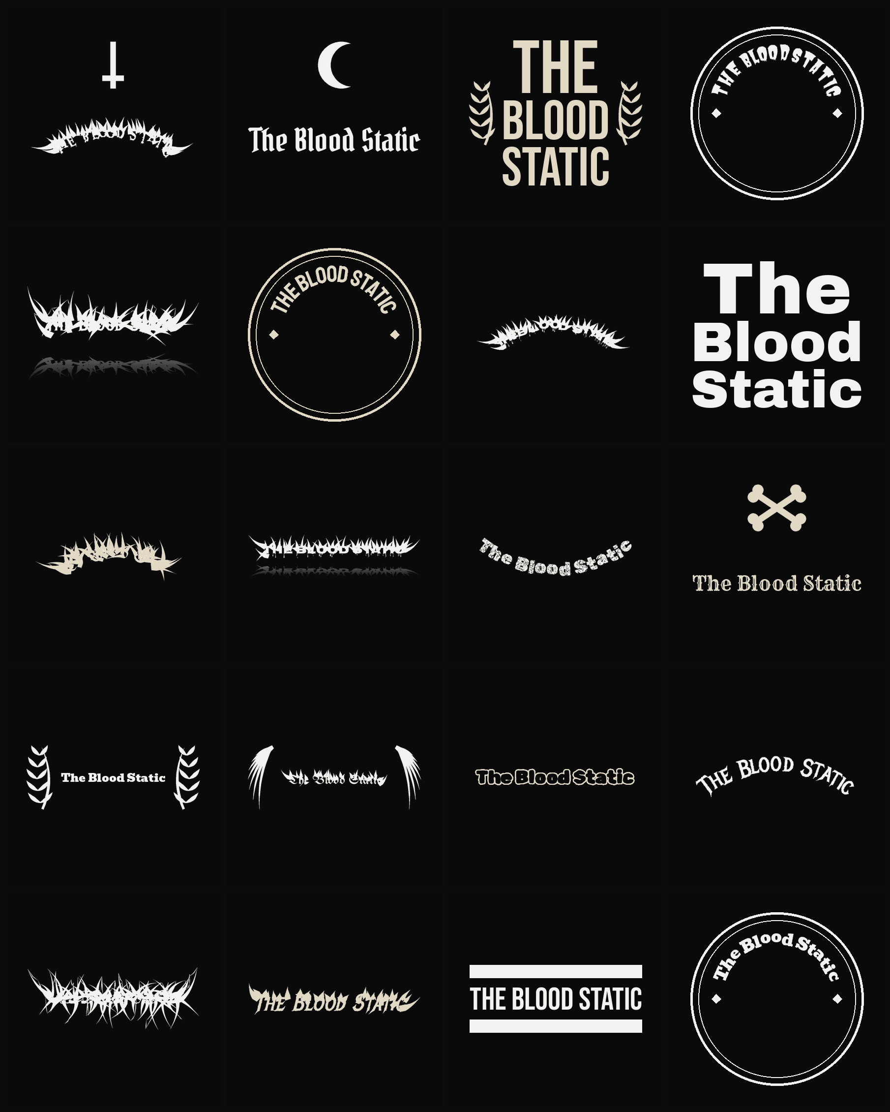 Twenty The Blood Static band logo ideas — different faces, treatments and spike settings