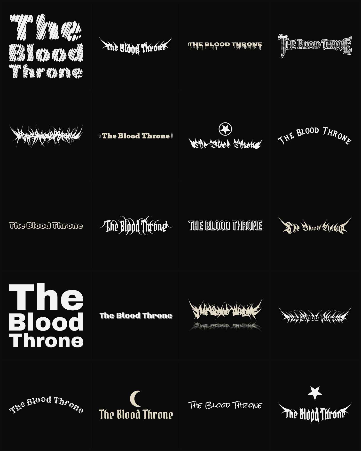 Twenty The Blood Throne band logo ideas — different faces, treatments and spike settings