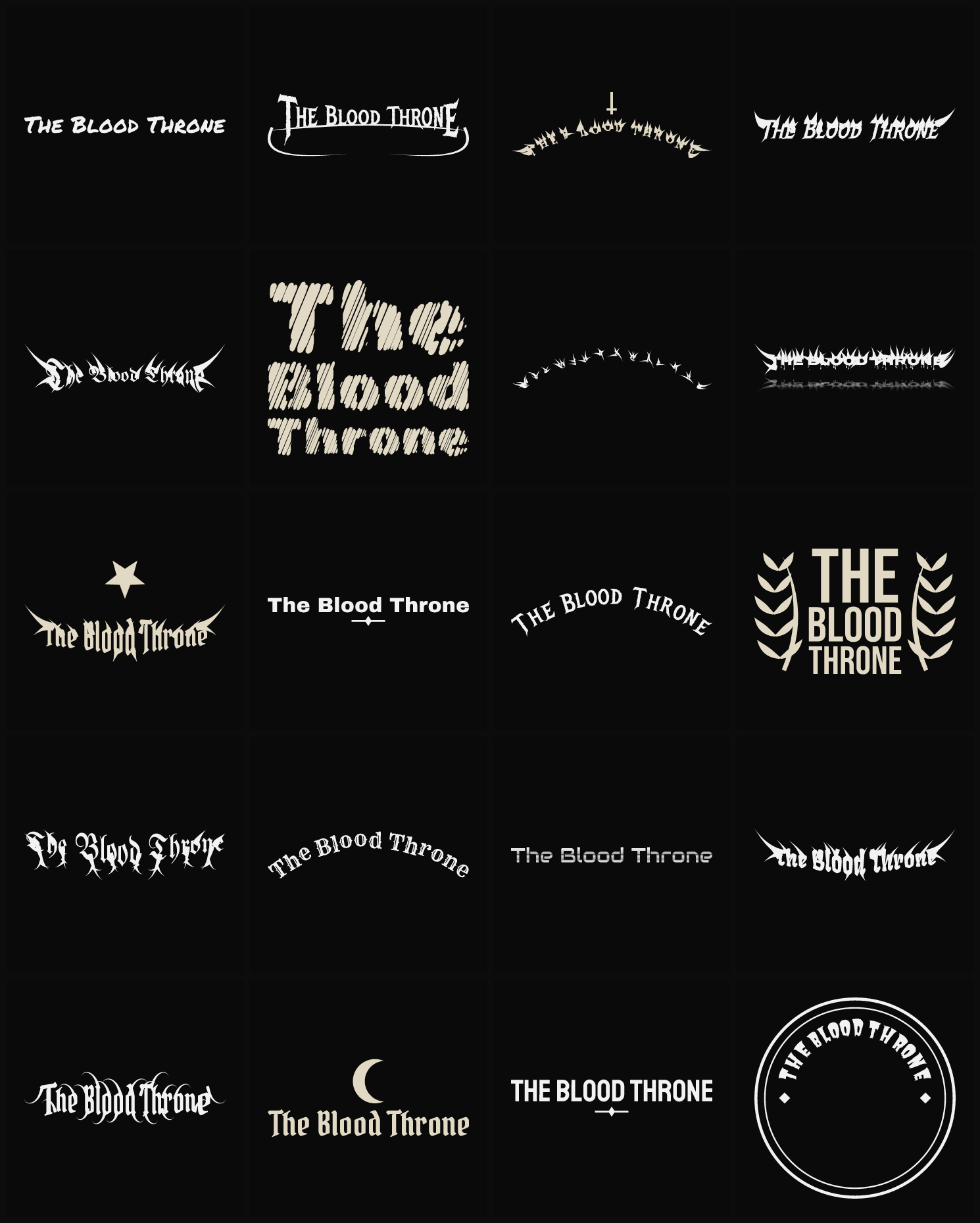 Twenty The Blood Throne band logo ideas — different faces, treatments and spike settings
