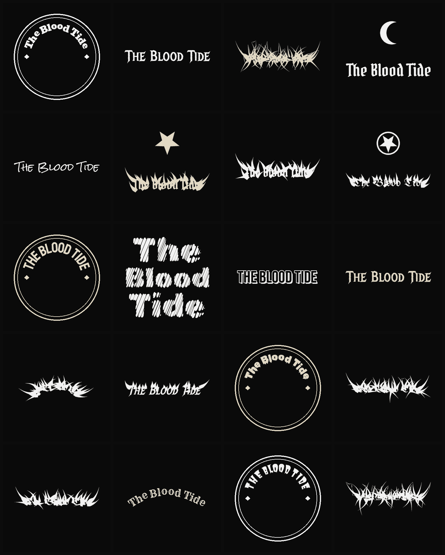 Twenty The Blood Tide band logo ideas — different faces, treatments and spike settings