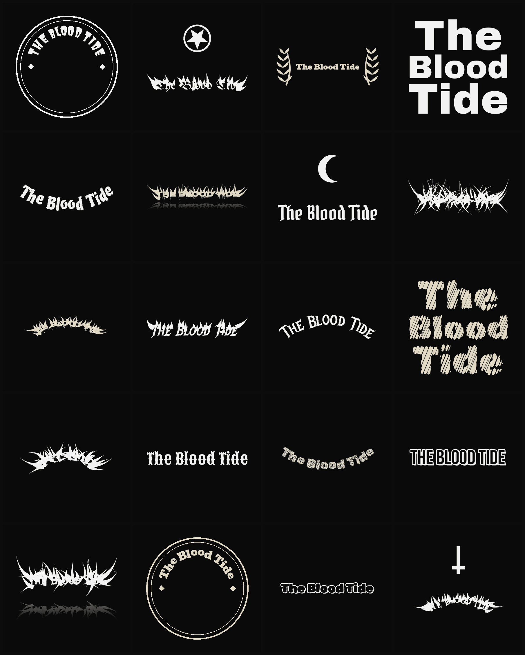 Twenty The Blood Tide band logo ideas — different faces, treatments and spike settings