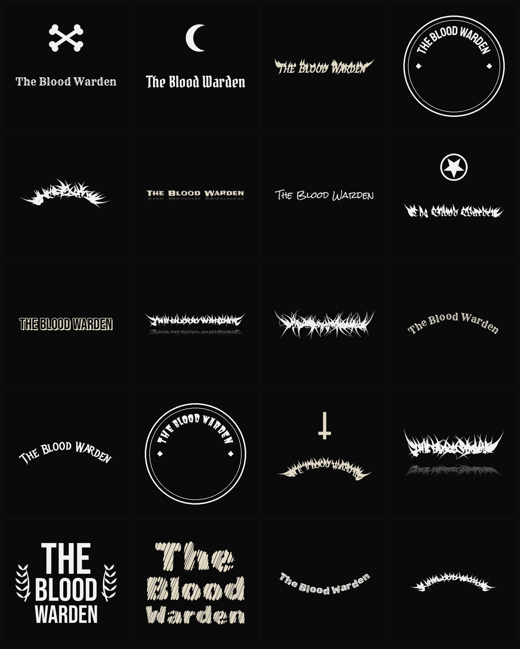 Twenty The Blood Warden band logo ideas — different faces, treatments and spike settings
