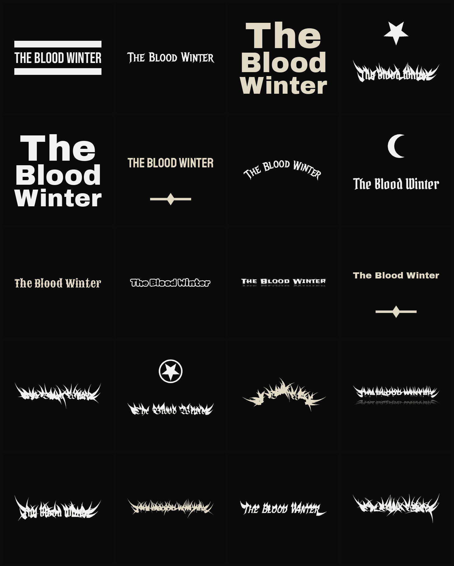 Twenty The Blood Winter band logo ideas — different faces, treatments and spike settings