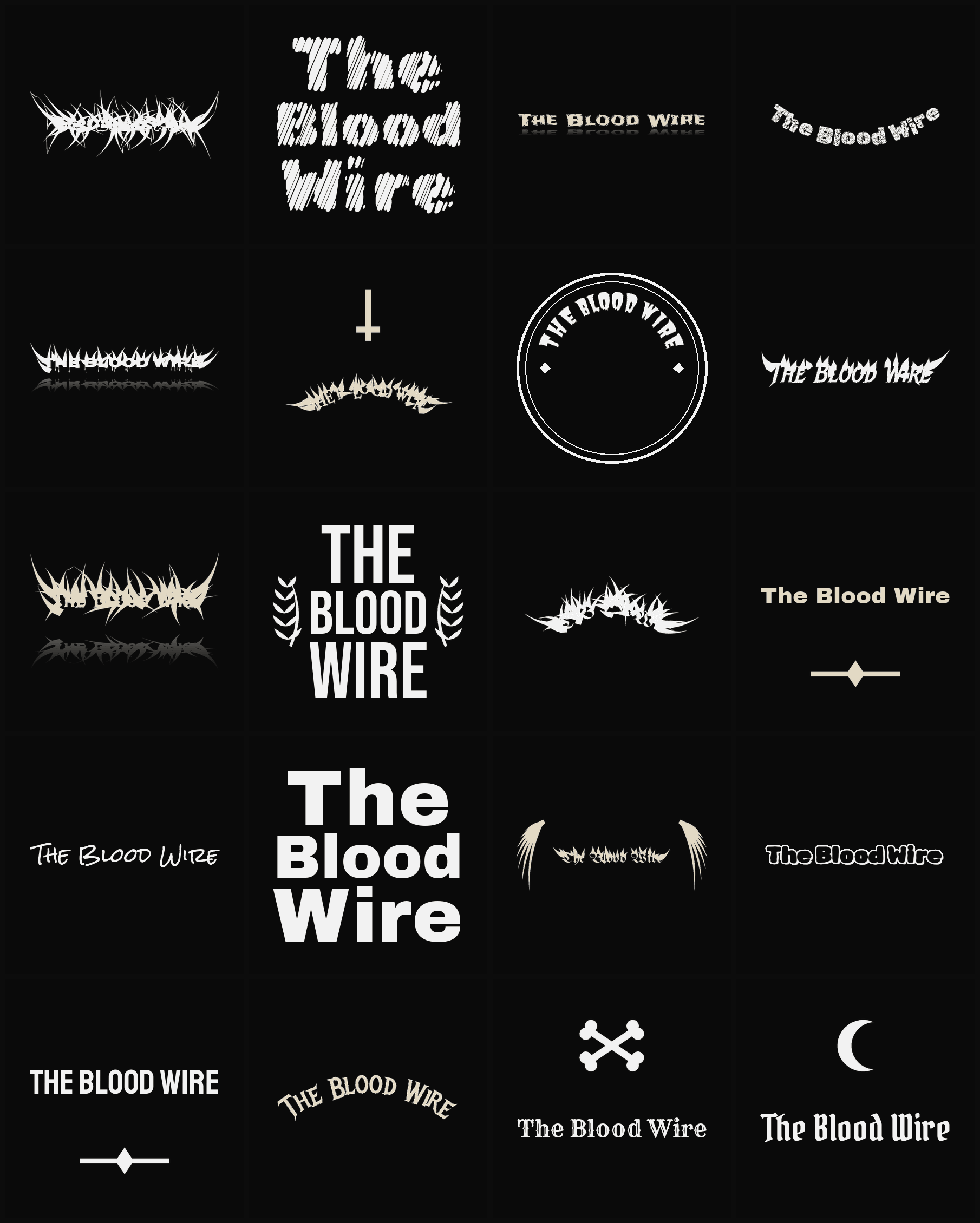 Twenty The Blood Wire band logo ideas — different faces, treatments and spike settings