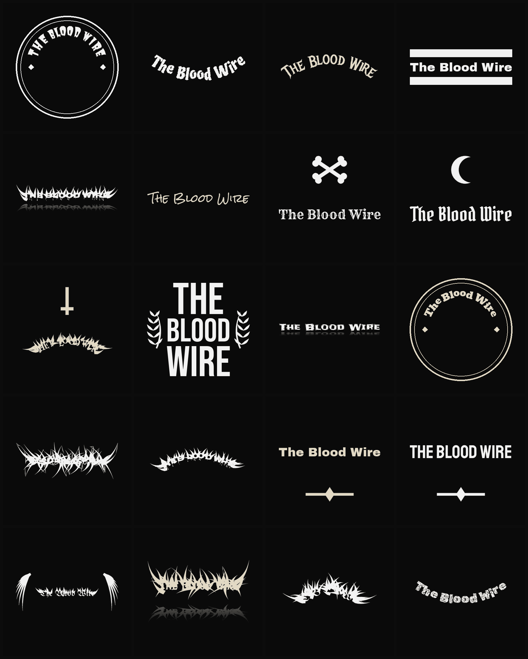 Twenty The Blood Wire band logo ideas — different faces, treatments and spike settings