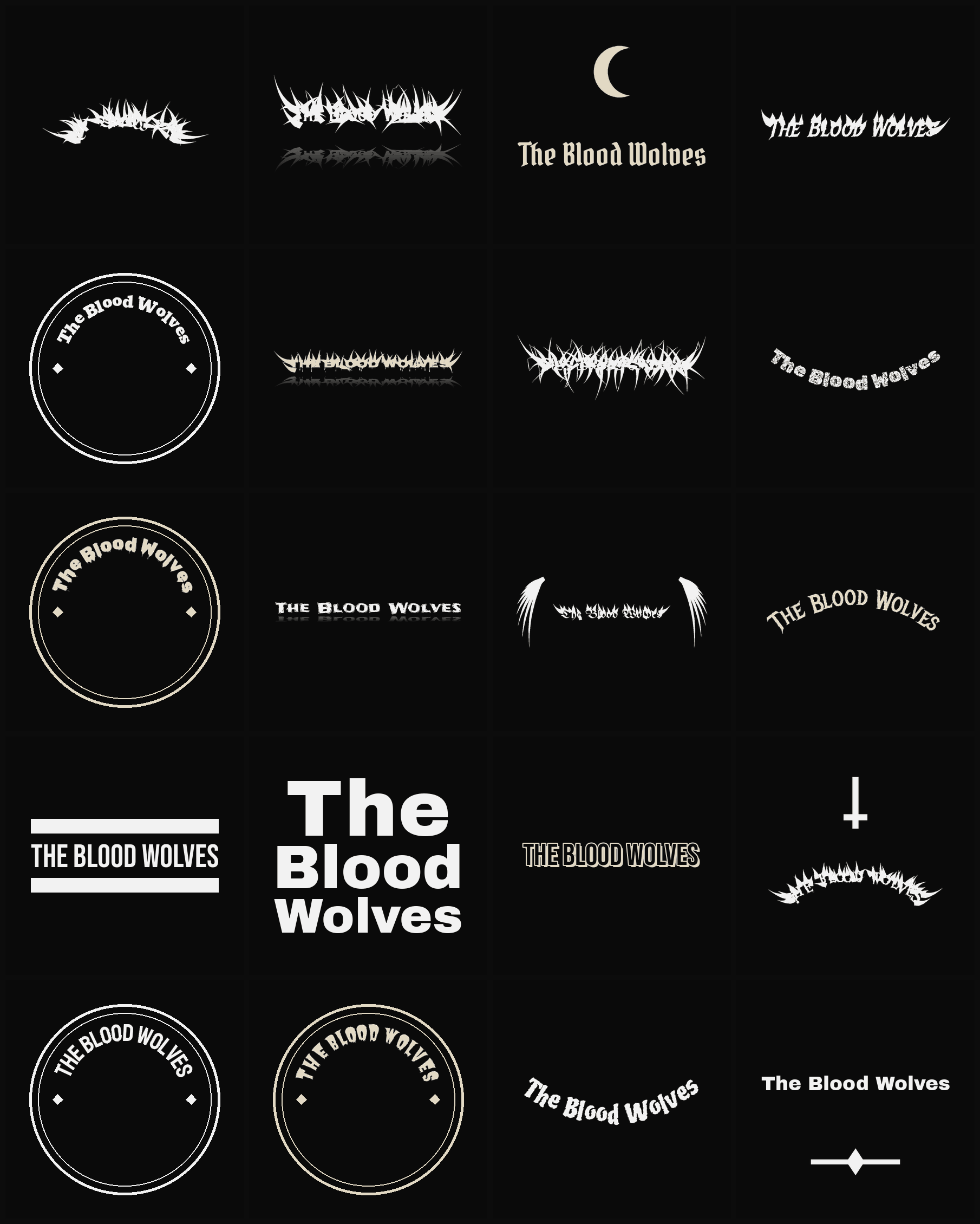Twenty The Blood Wolves band logo ideas — different faces, treatments and spike settings
