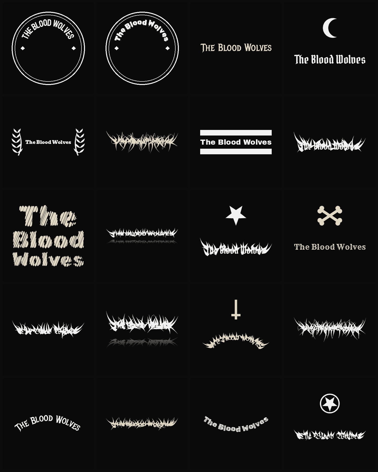 Twenty The Blood Wolves band logo ideas — different faces, treatments and spike settings