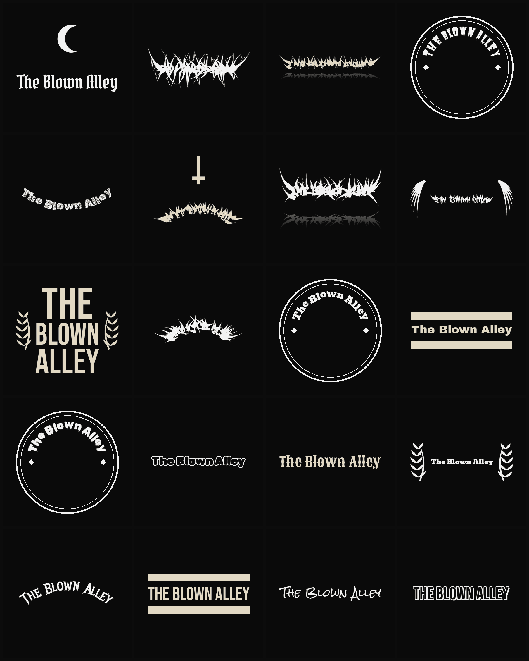 Twenty The Blown Alley band logo ideas — different faces, treatments and spike settings